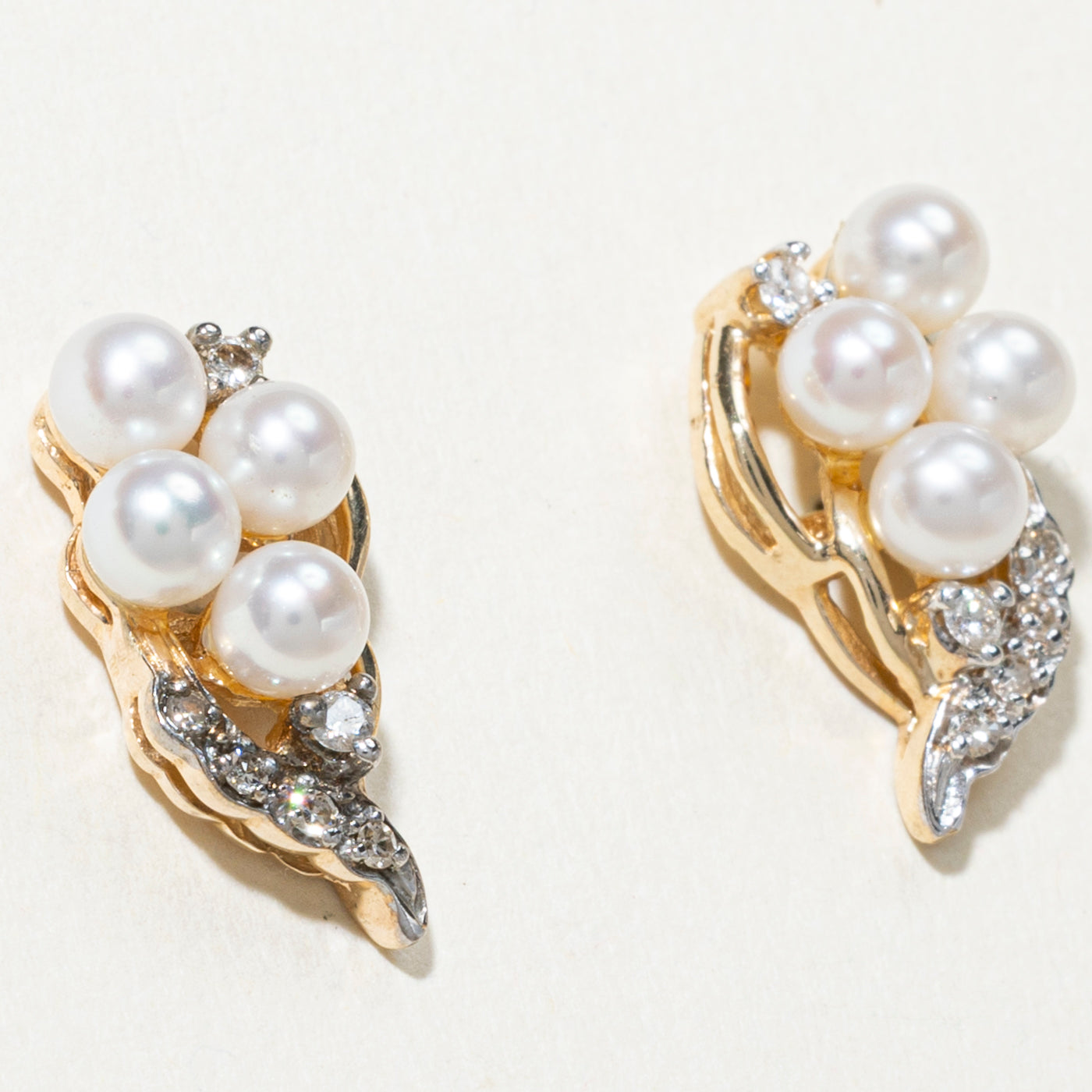 10K Pearl & Diamond Leafy Cluster Stud Earrings | 0.12ctw