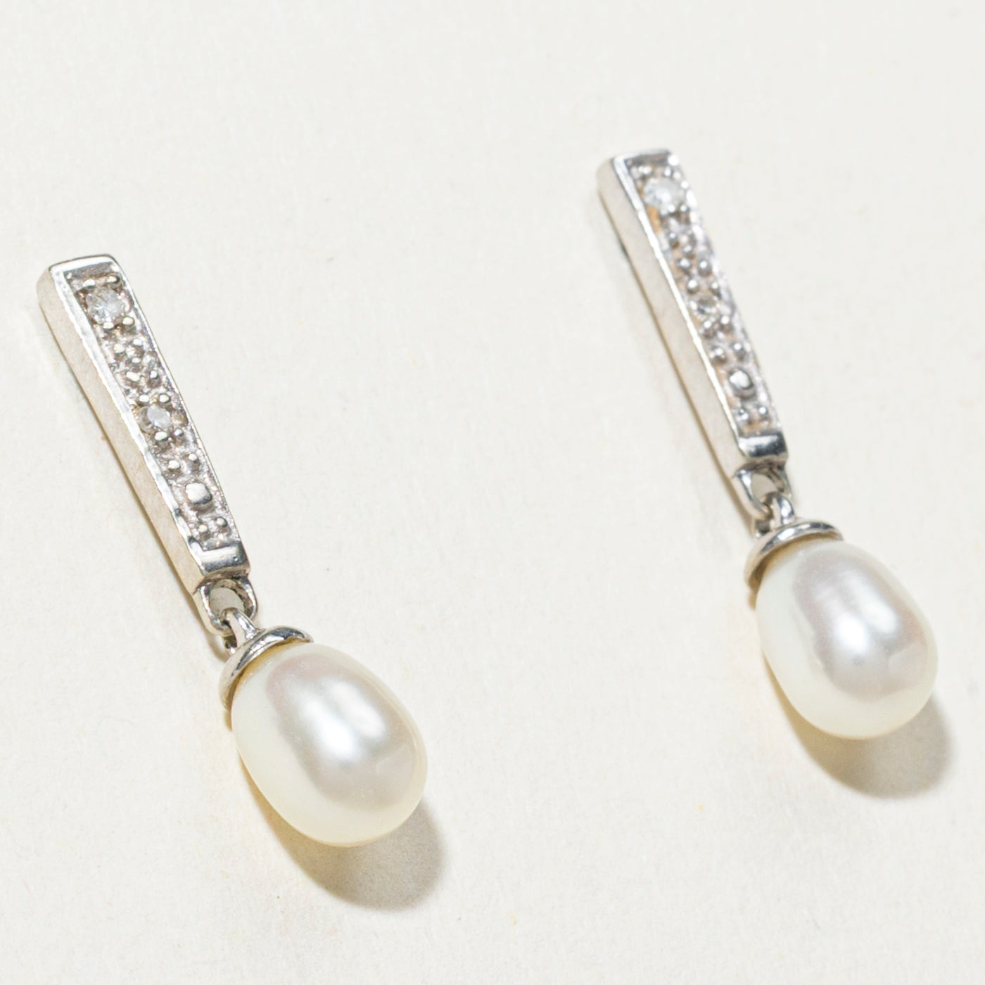 10K Pearl & Diamond Bar Drop Earrings | 0.03ct