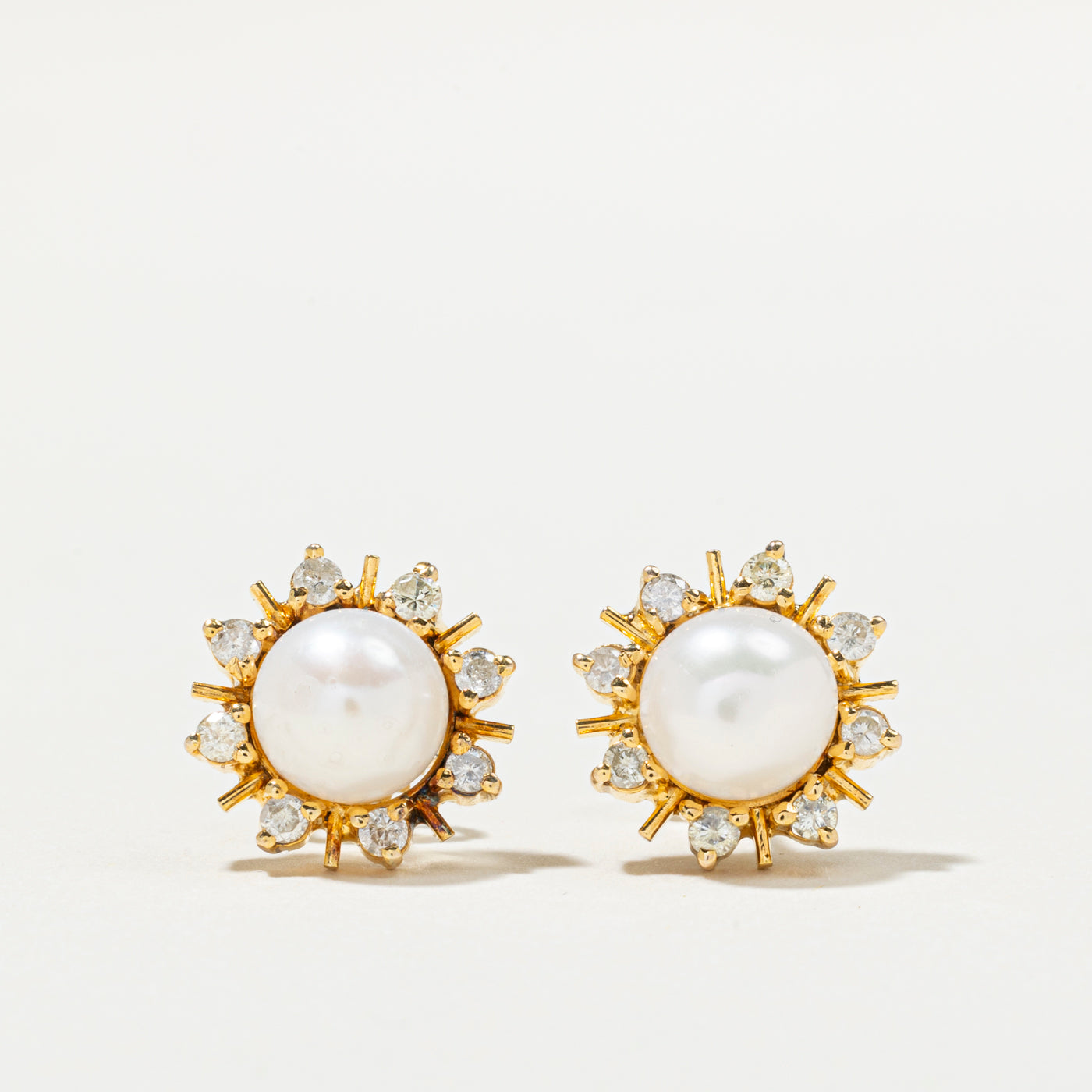 14K Pearl & Diamond Floral Halo Stud Earrings | 0.32ctw