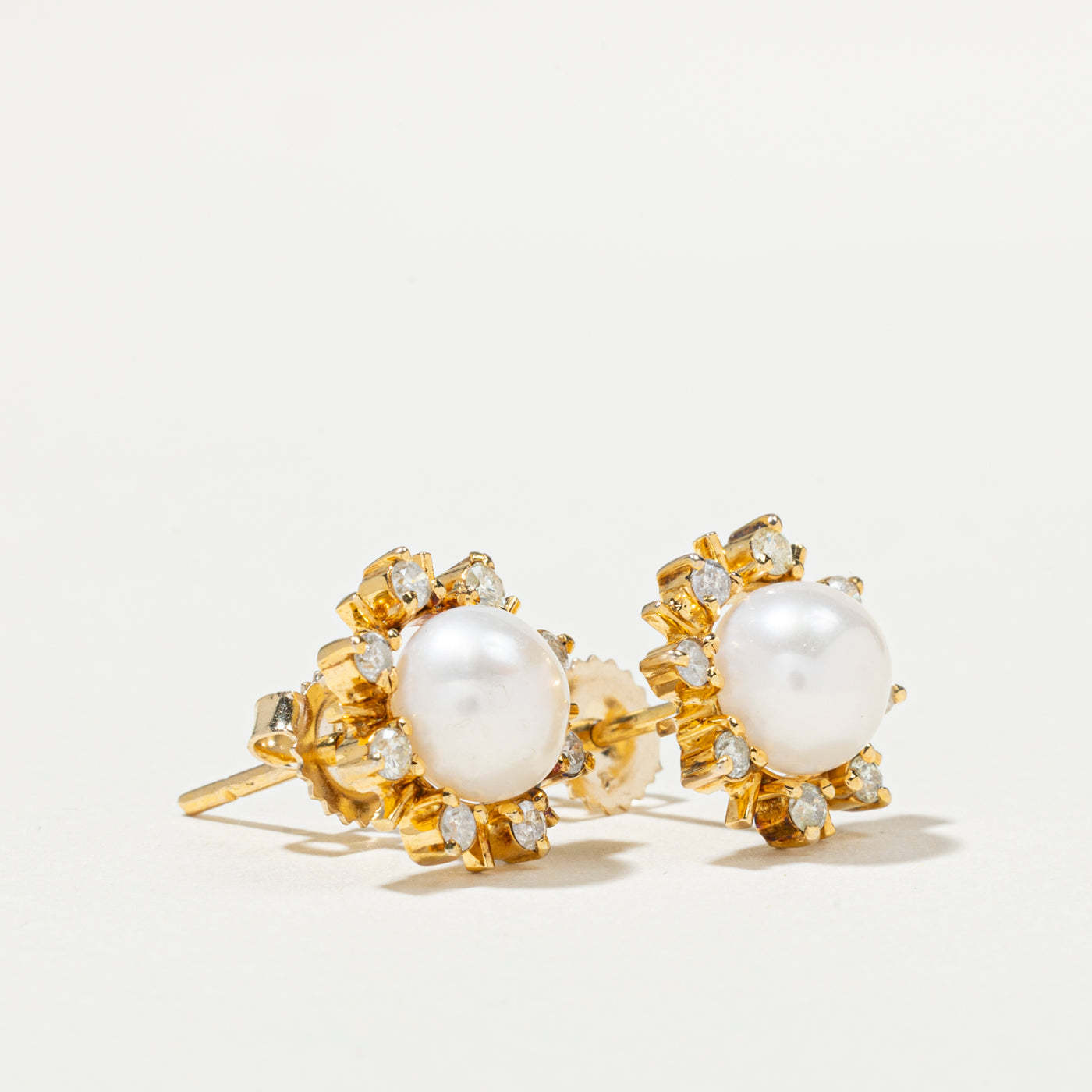 14K Pearl & Diamond Floral Halo Stud Earrings | 0.32ctw
