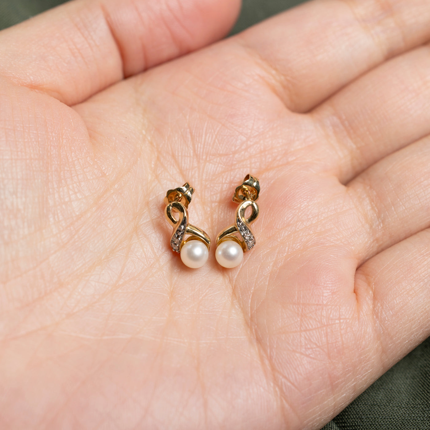 10K Pearl & Diamond Crossover Stud Earrings | 0.02ct