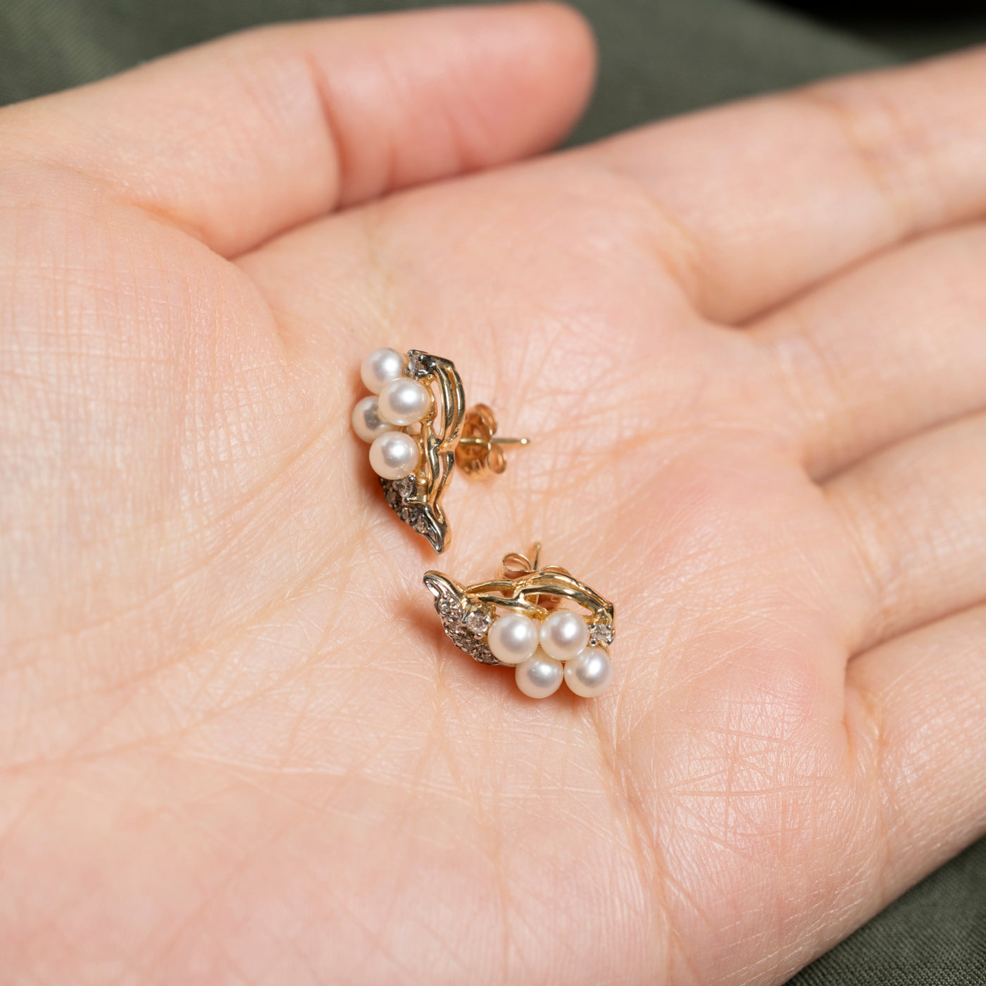 10K Pearl & Diamond Leafy Cluster Stud Earrings | 0.12ctw