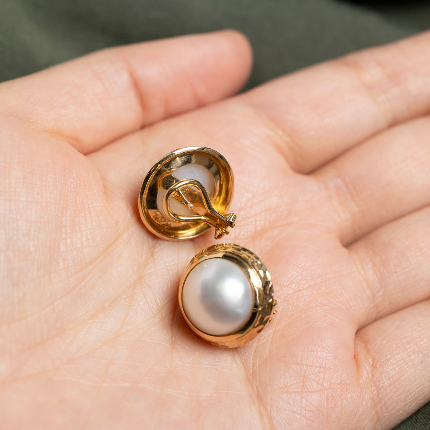 14K Bezel Set Pearl Button Stud Earrings