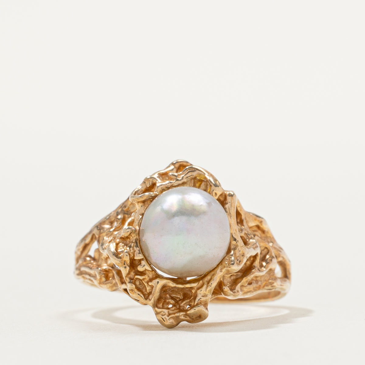 10k Solitaire Pearl Nuggety Ring | SZ 8