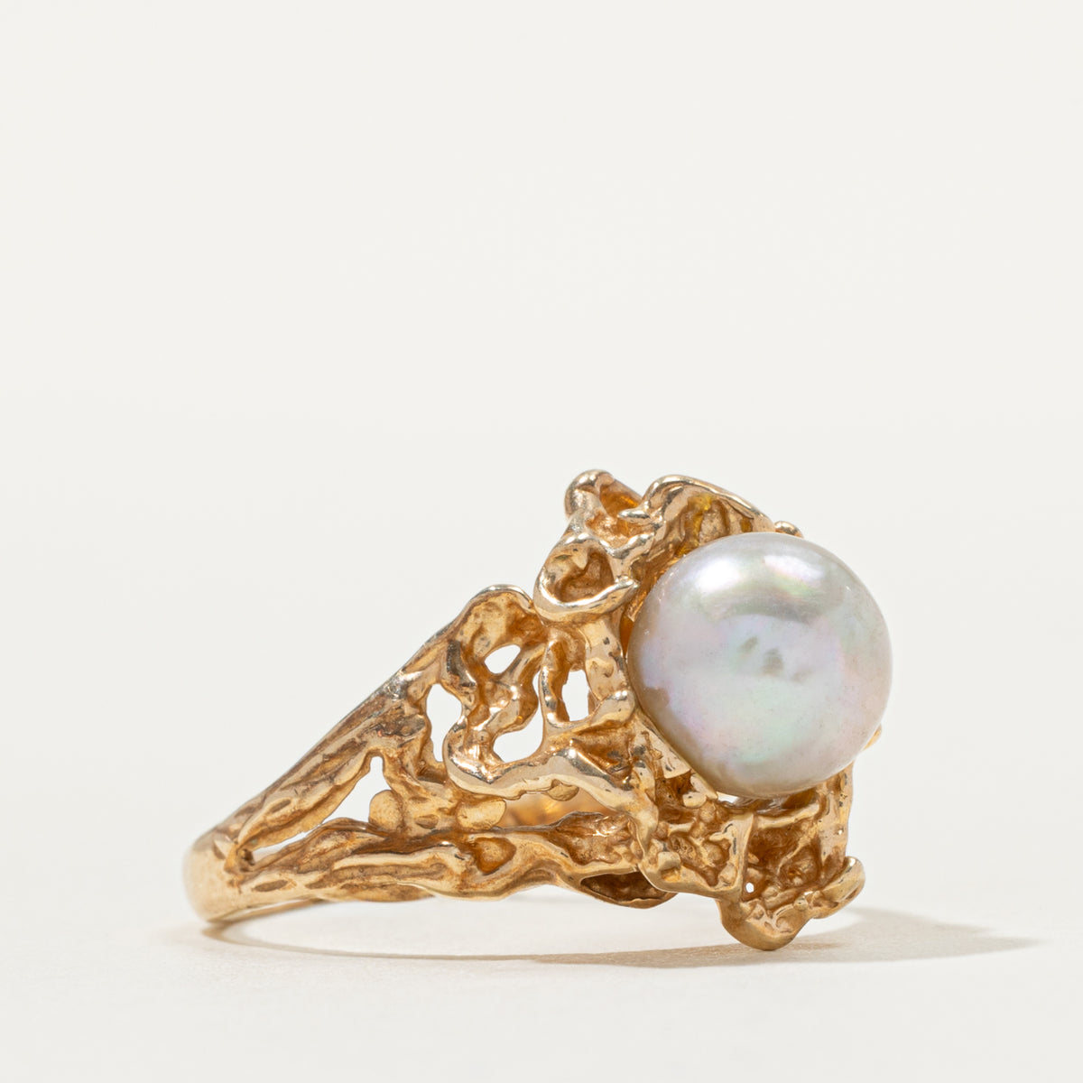 10k Solitaire Pearl Nuggety Ring | SZ 8
