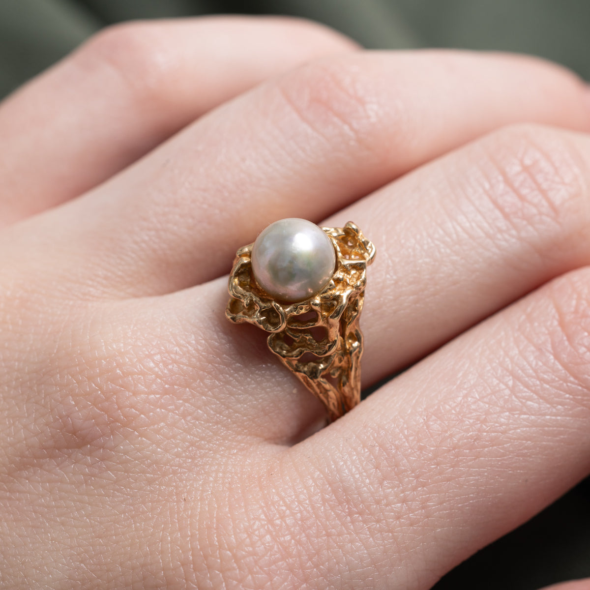 10k Solitaire Pearl Nuggety Ring | SZ 8