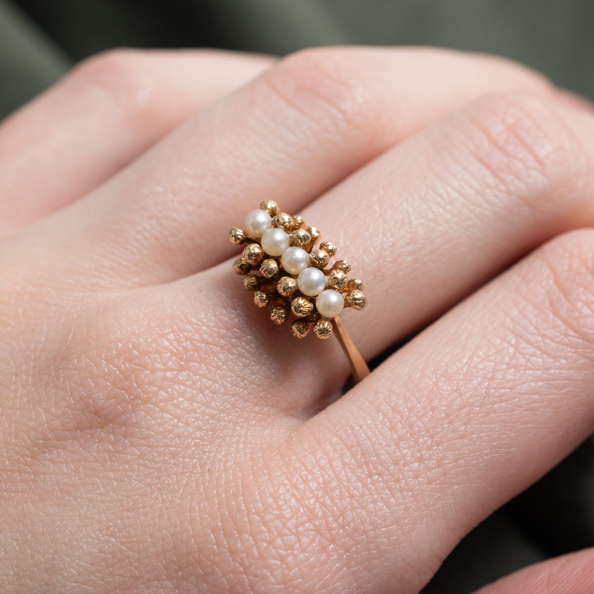 14k Five Stone Pearl Column Textured Beaded Ring | SZ 6.75