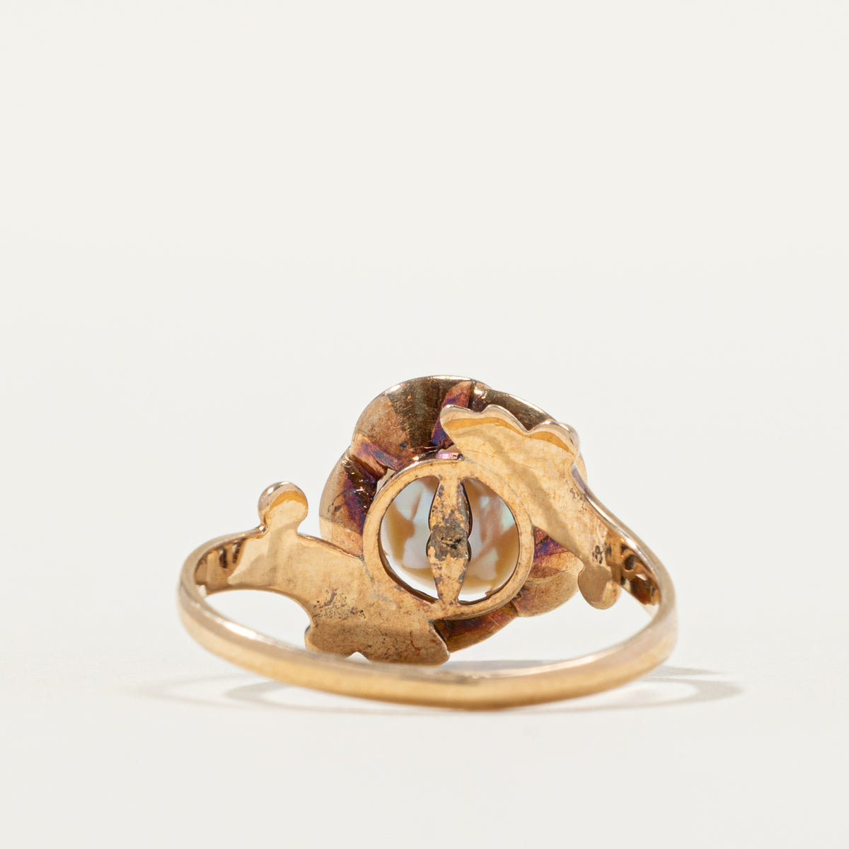 14k Solitaire Pearl Grooved Floral Bypass Ring | SZ 6.5