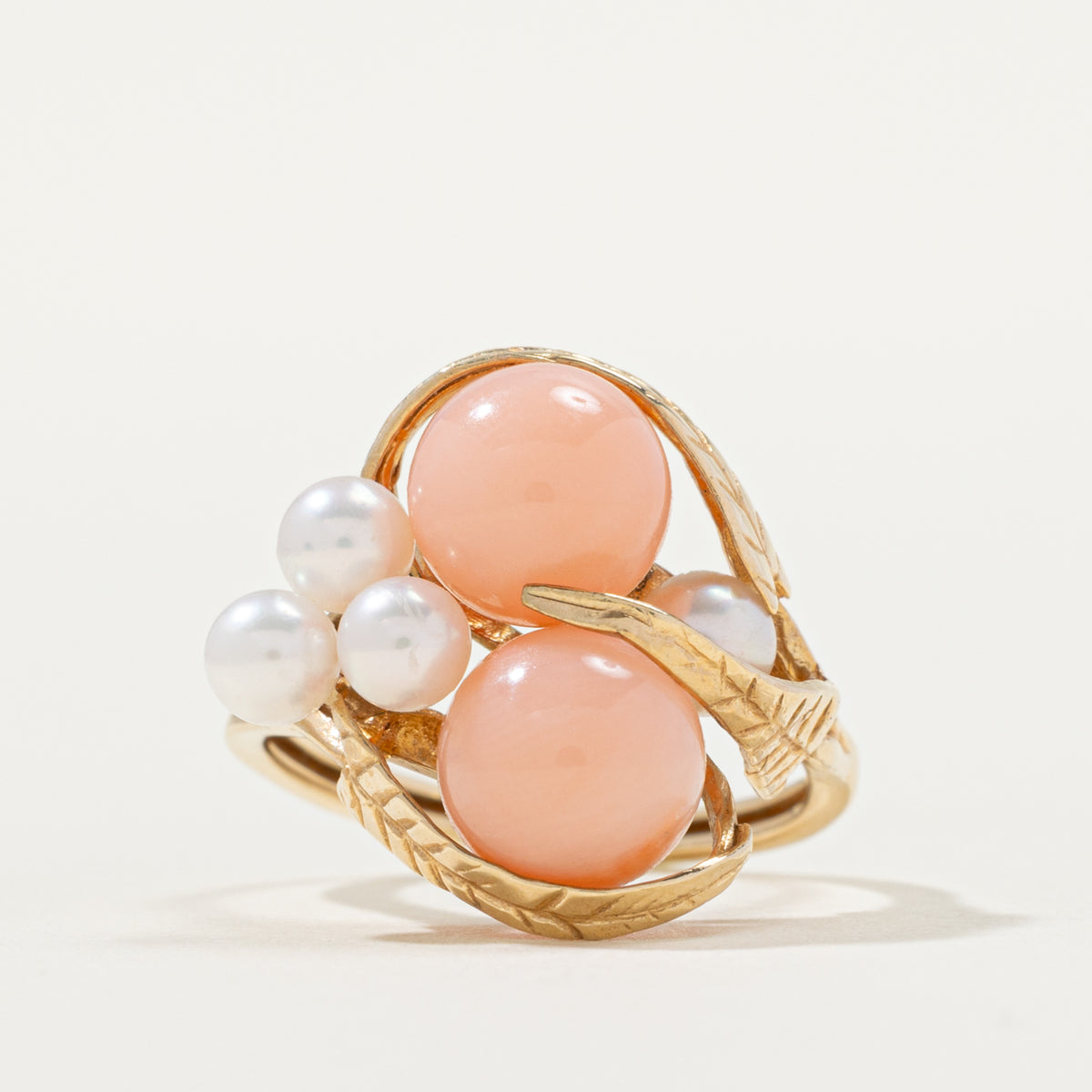 14k Coral & Pearl Engraved Floral Cocktail Ring | 5.80ctw | SZ 5.25