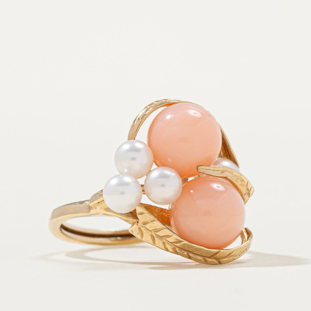 14k Coral & Pearl Engraved Floral Cocktail Ring | 5.80ctw | SZ 5.25