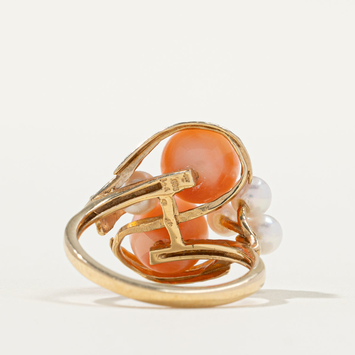 14k Coral & Pearl Engraved Floral Cocktail Ring | 5.80ctw | SZ 5.25