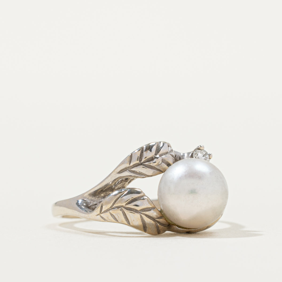 14k Diamond & Pearl Engraved Floral Bypass Ring | 0.02ctw | SZ 5.75