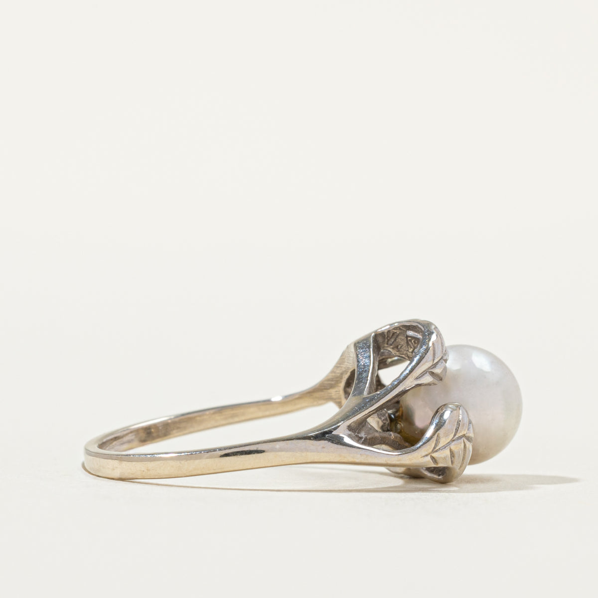 14k Diamond & Pearl Engraved Floral Bypass Ring | 0.02ctw | SZ 5.75