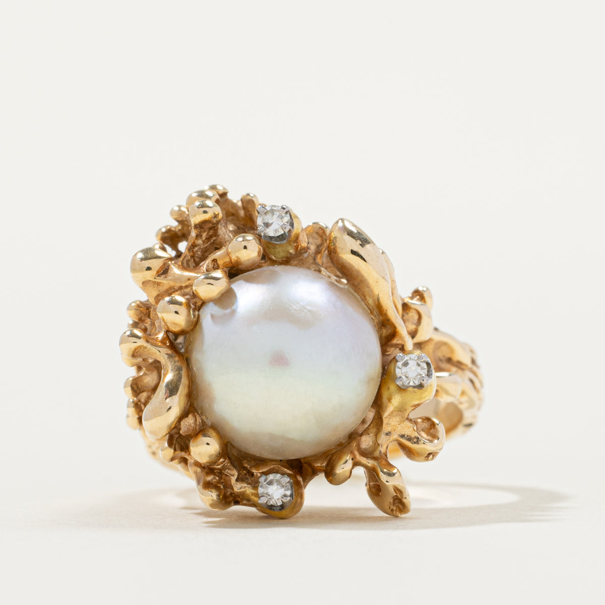 14k Pearl & Diamond Accented Nuggety Cocktail Ring | 0.06ctw | SZ 6