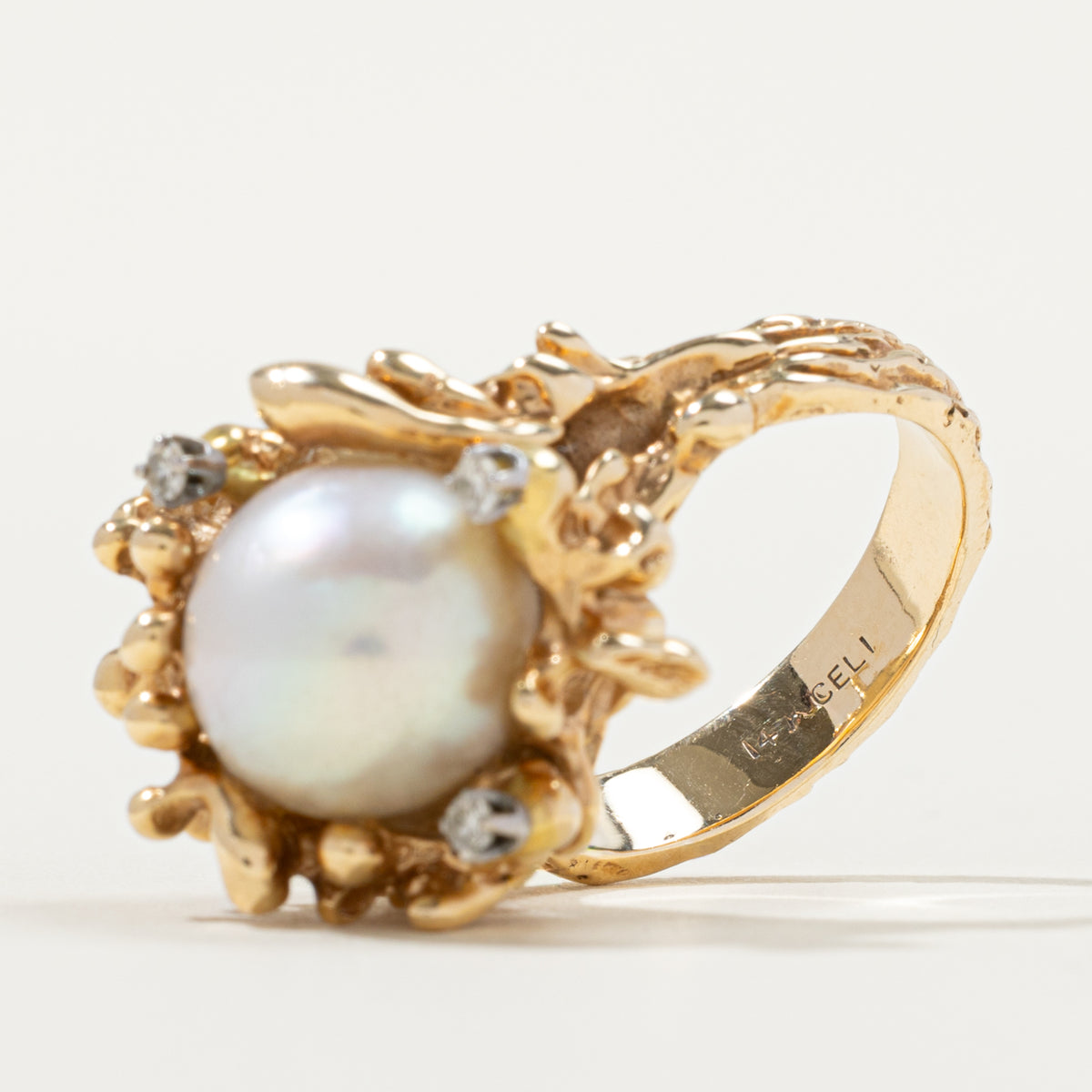 14k Pearl & Diamond Accented Nuggety Cocktail Ring | 0.06ctw | SZ 6