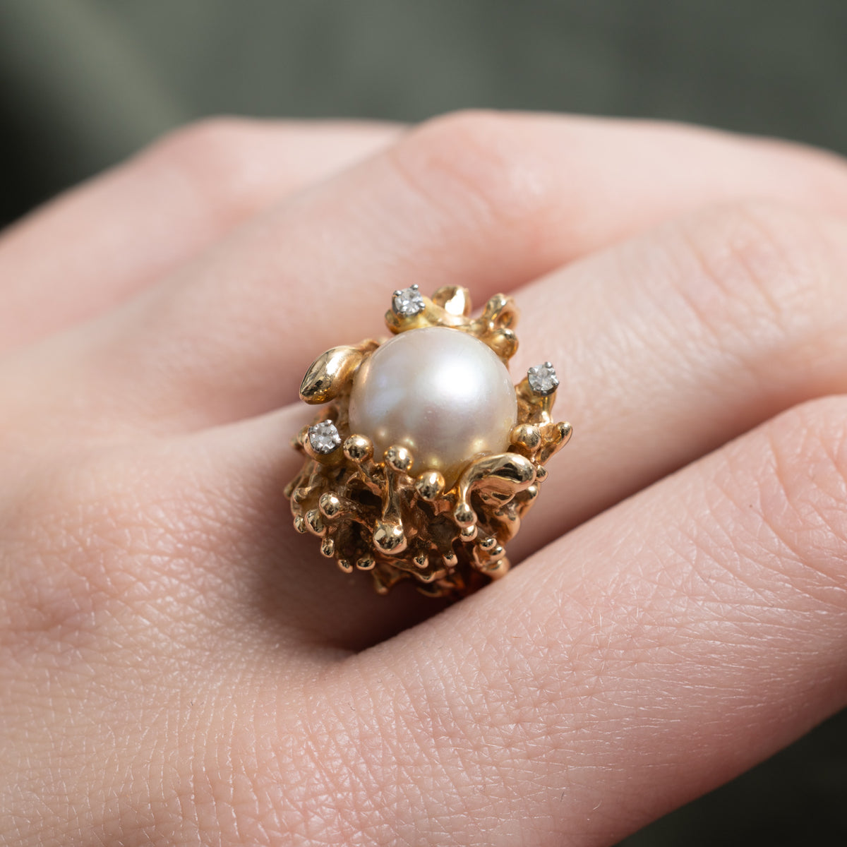 14k Pearl & Diamond Accented Nuggety Cocktail Ring | 0.06ctw | SZ 6