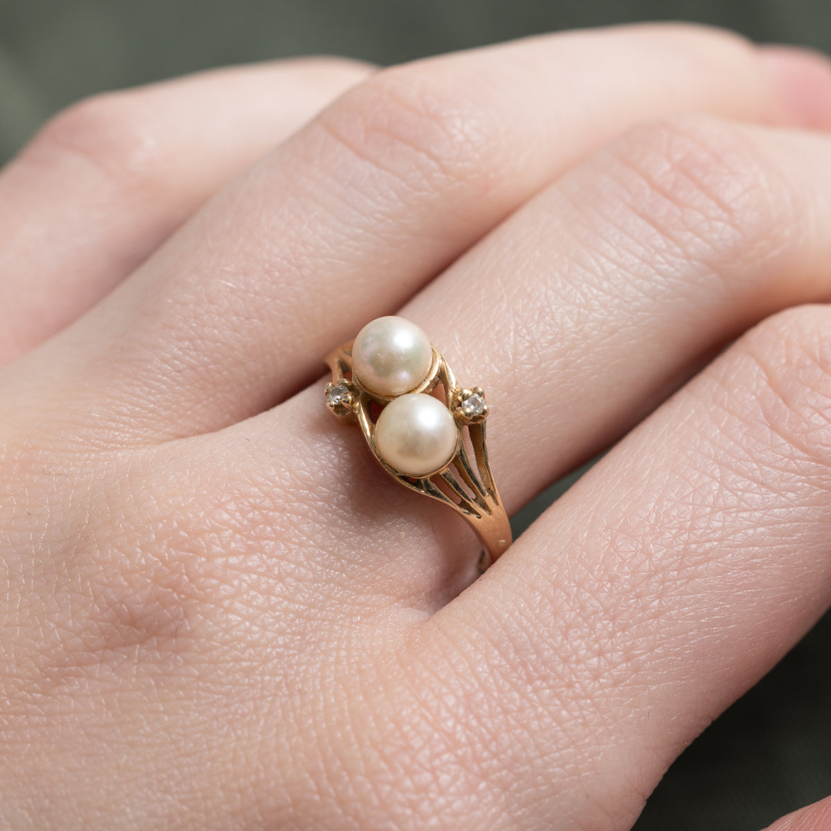 14k Toi et Moi Pearl & Diamond Accented Openwork Bypass Ring | 0.02ctw | SZ 7.25