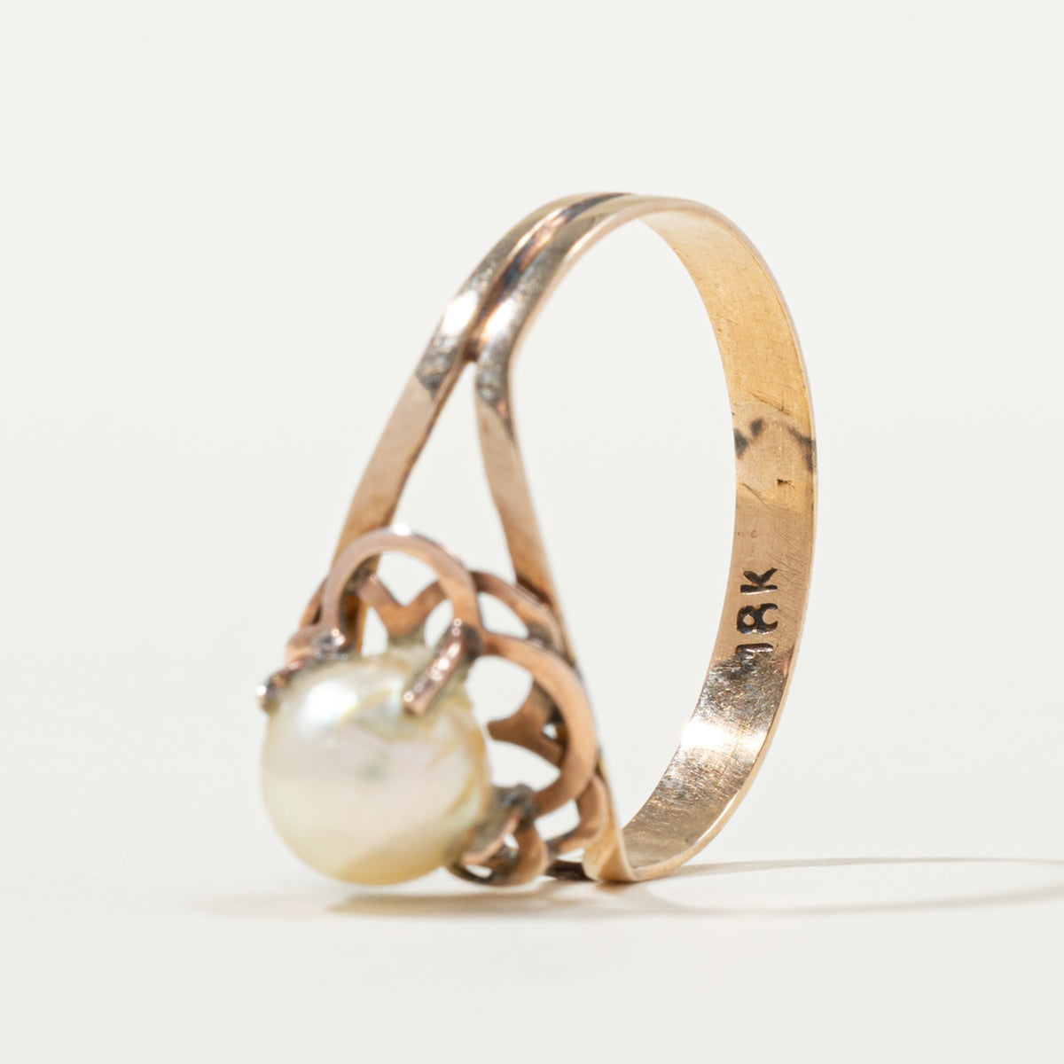 18k Solitaire Pearl Openwork Floral Ring | SZ 10.25