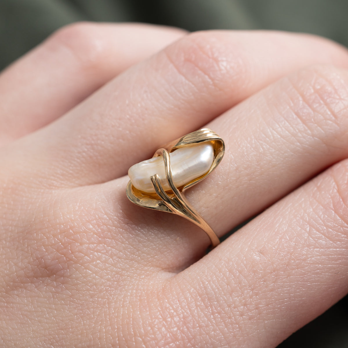 10k Solitaire Baroque Pearl Abstract Cocktail Ring | SZ 6
