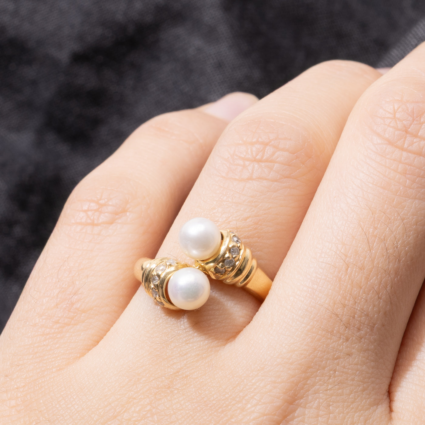 18k Pearl & Diamond Grooved Bypass Ring | SZ 6.25