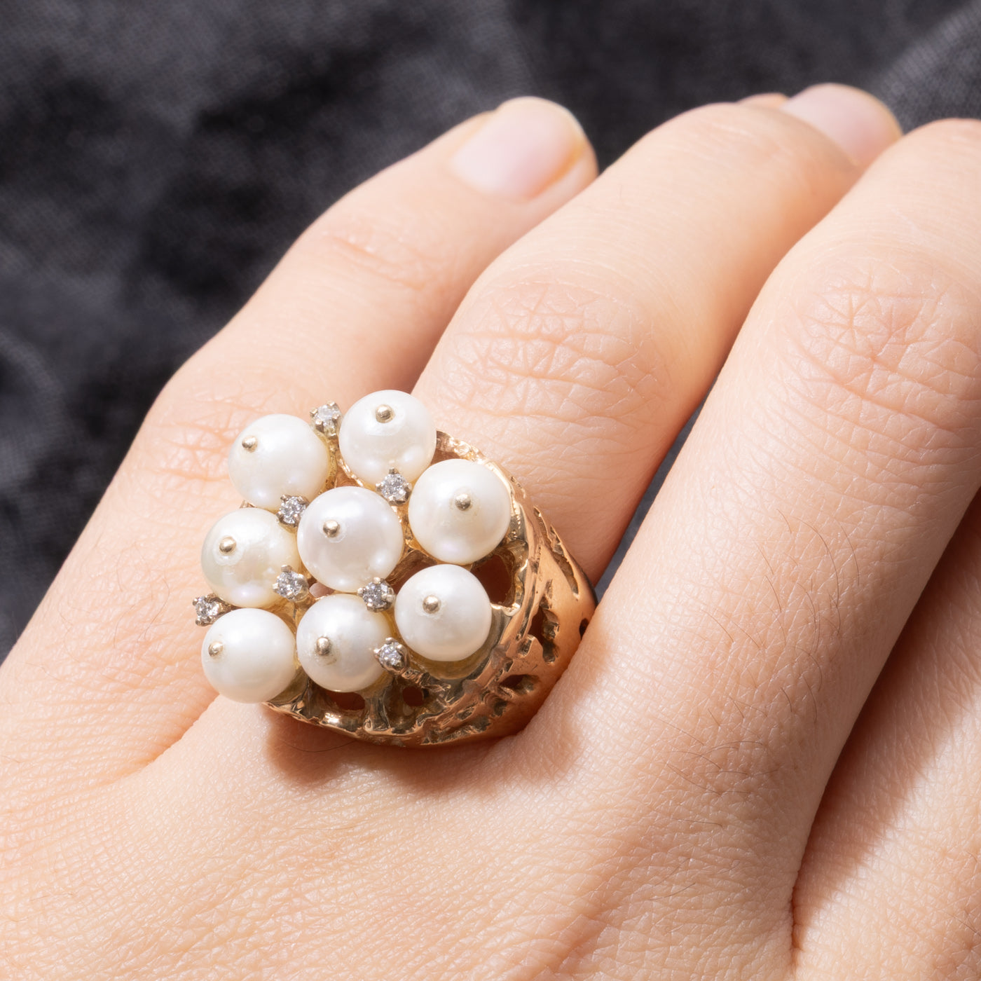 14k Pearl & Diamond Cluster Textured Cocktail Ring | SZ 7.5