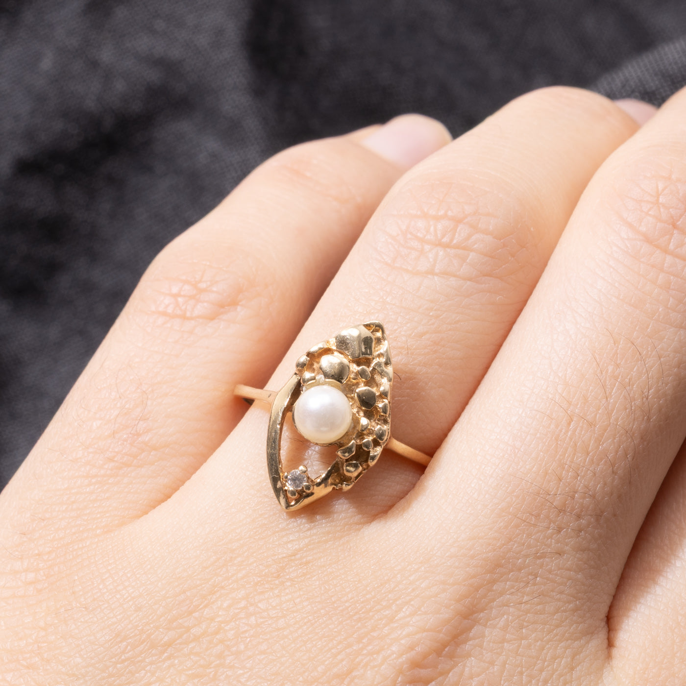 14k Pearl & Diamond Nuggety Marquise Shaped Ring | SZ 7.5