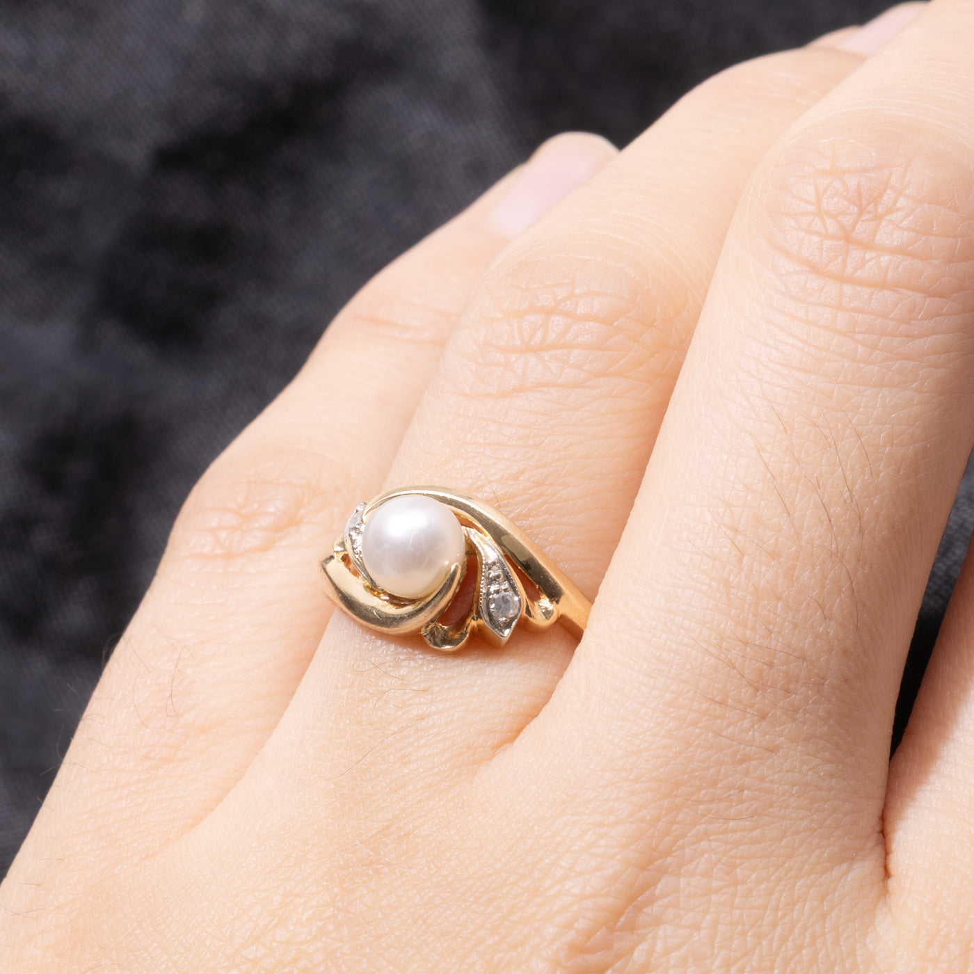 ‘Birks’ 14k Pearl & Diamond Swirl Bypass Ring | SZ 6.25