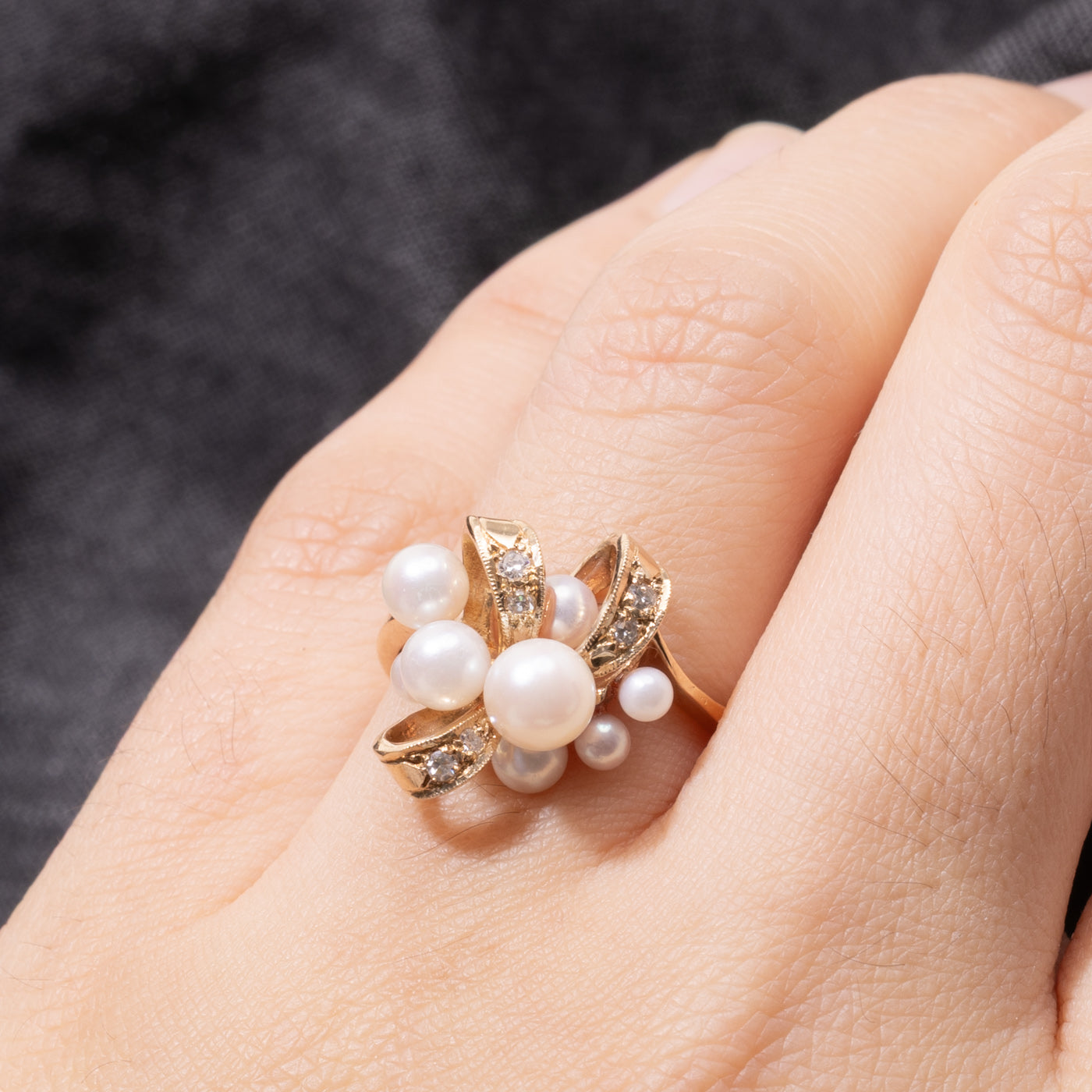 10k Pearl & Diamond Cluster Cocktail Ring | SZ 6.25