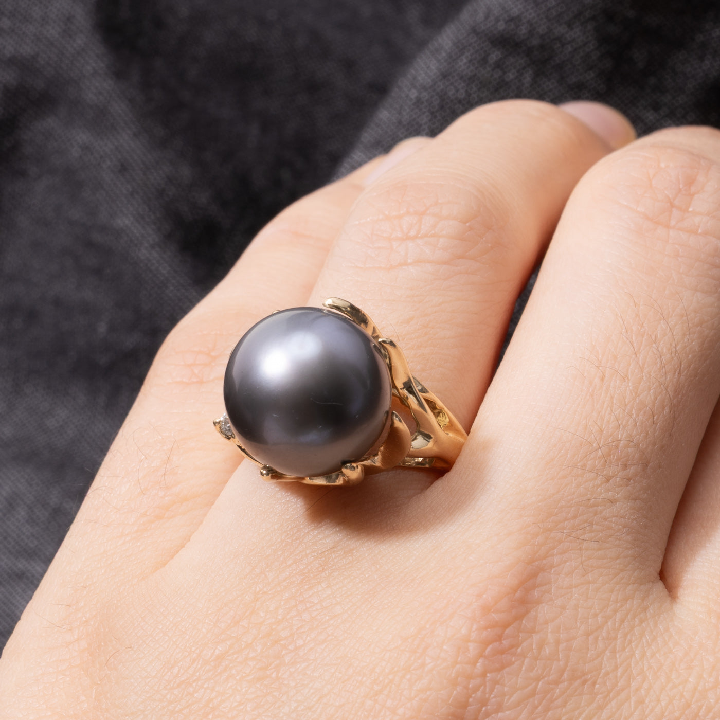 14k Black Pearl & Diamond Cocktail Ring | SZ 6.75