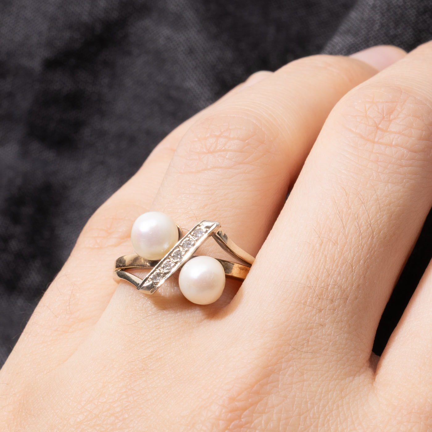 10k Two Stone Pearl & Diamond Bypass Ring | SZ 9.25