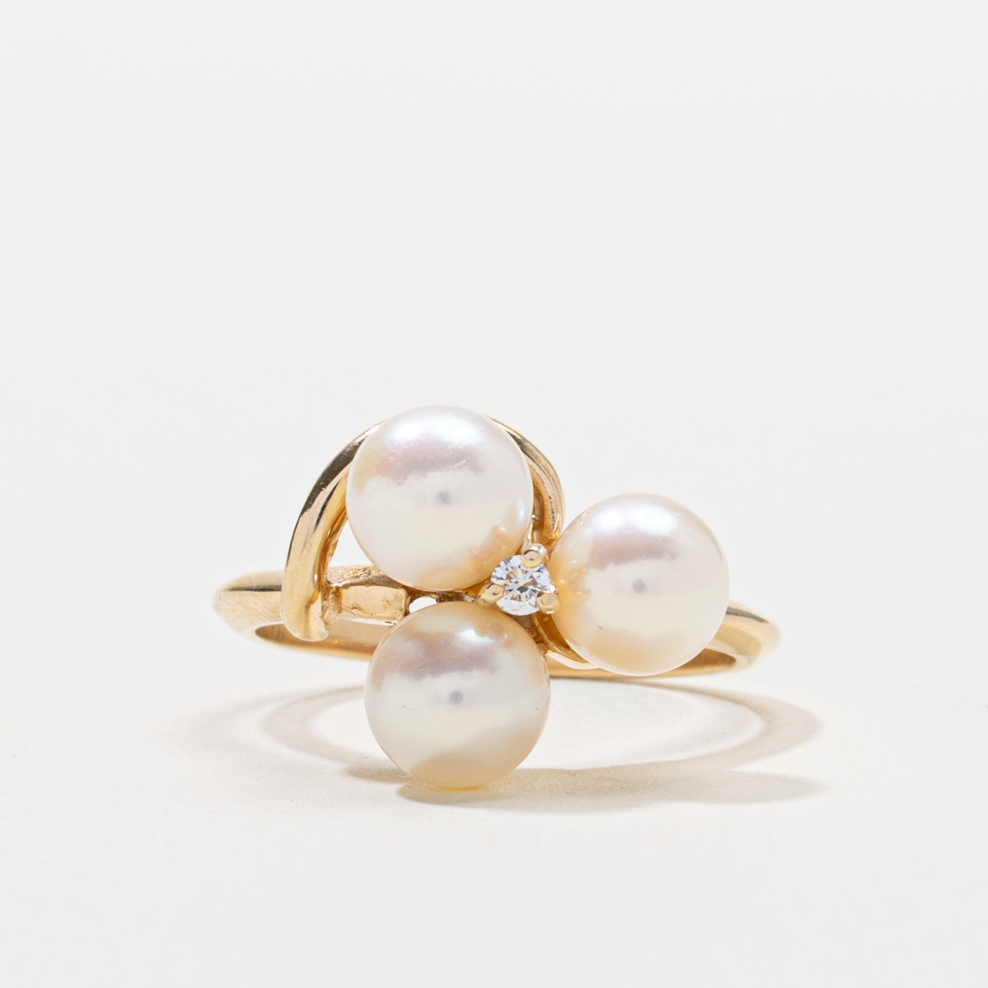 14k Three Stone Pearl & Diamond Cluster Ring | SZ 5.75