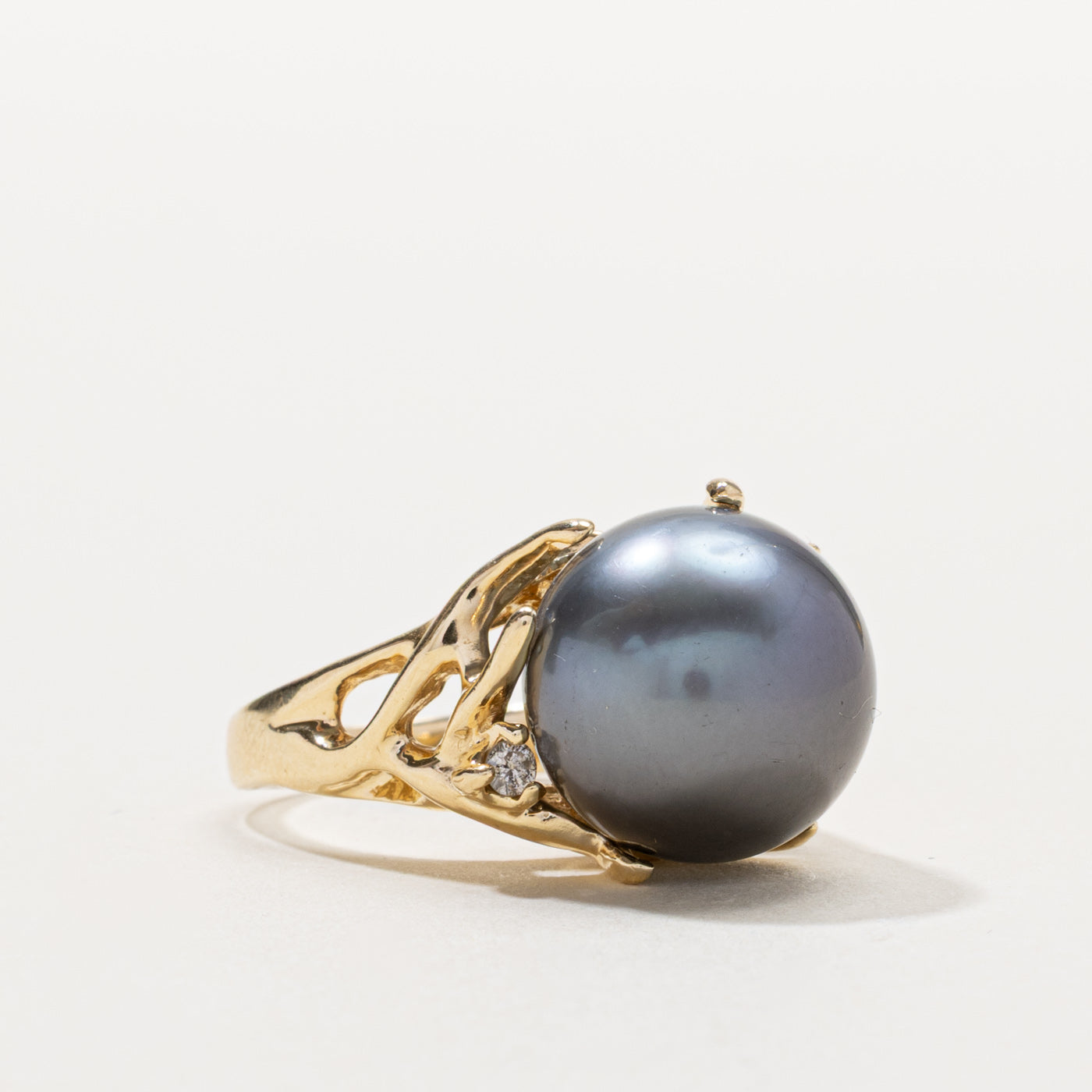 14k Black Pearl & Diamond Cocktail Ring | SZ 6.75