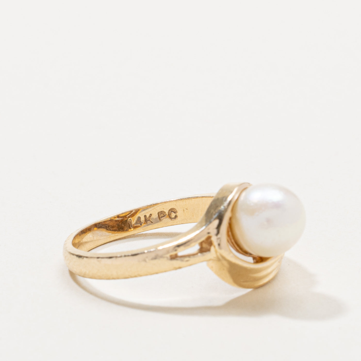 14k Pearl & Diamond Grooved Swirl Ring | SZ 6.5