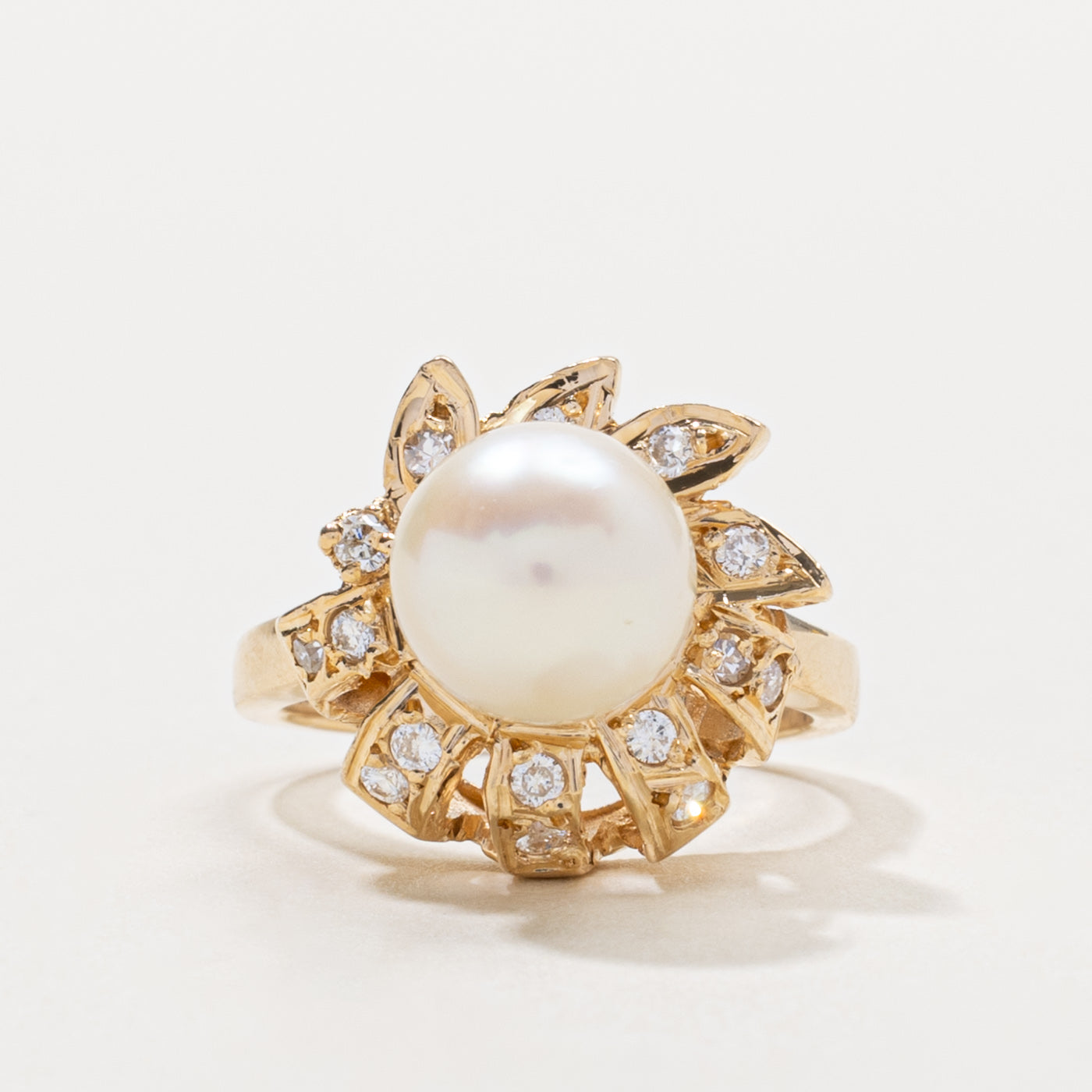14k Pearl & Diamond Floral Cocktail Ring | SZ 3.5