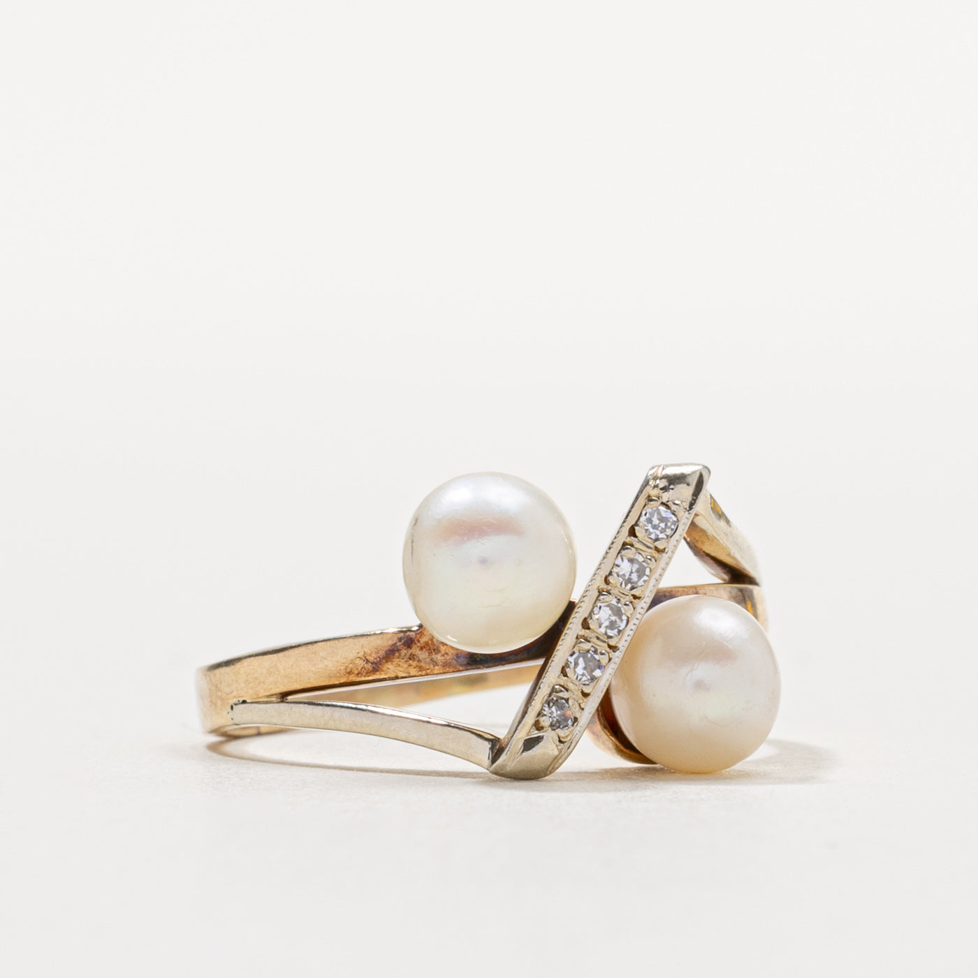 10k Two Stone Pearl & Diamond Bypass Ring | SZ 9.25