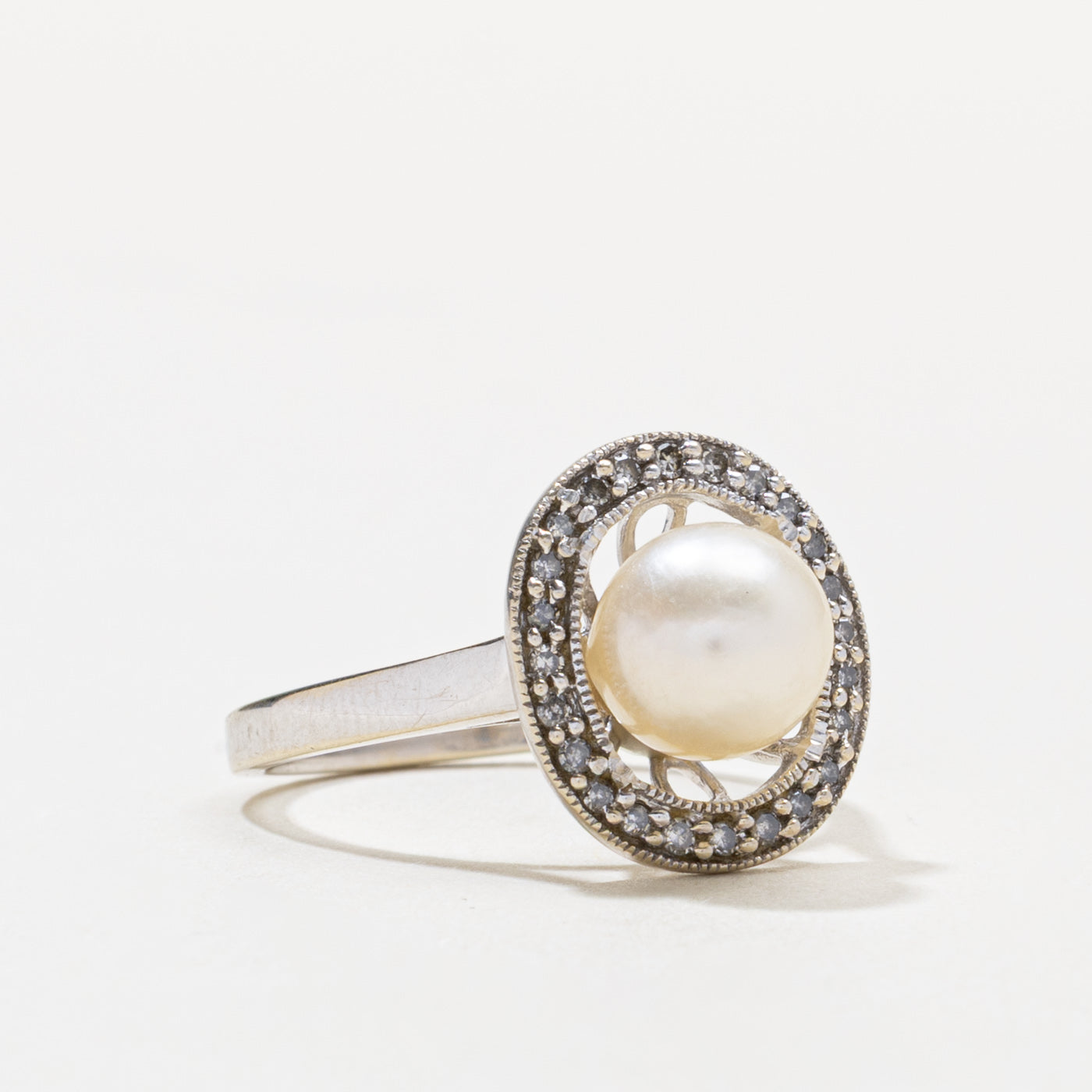 14k Pearl & Diamond Open Halo Ring | SZ 7.25