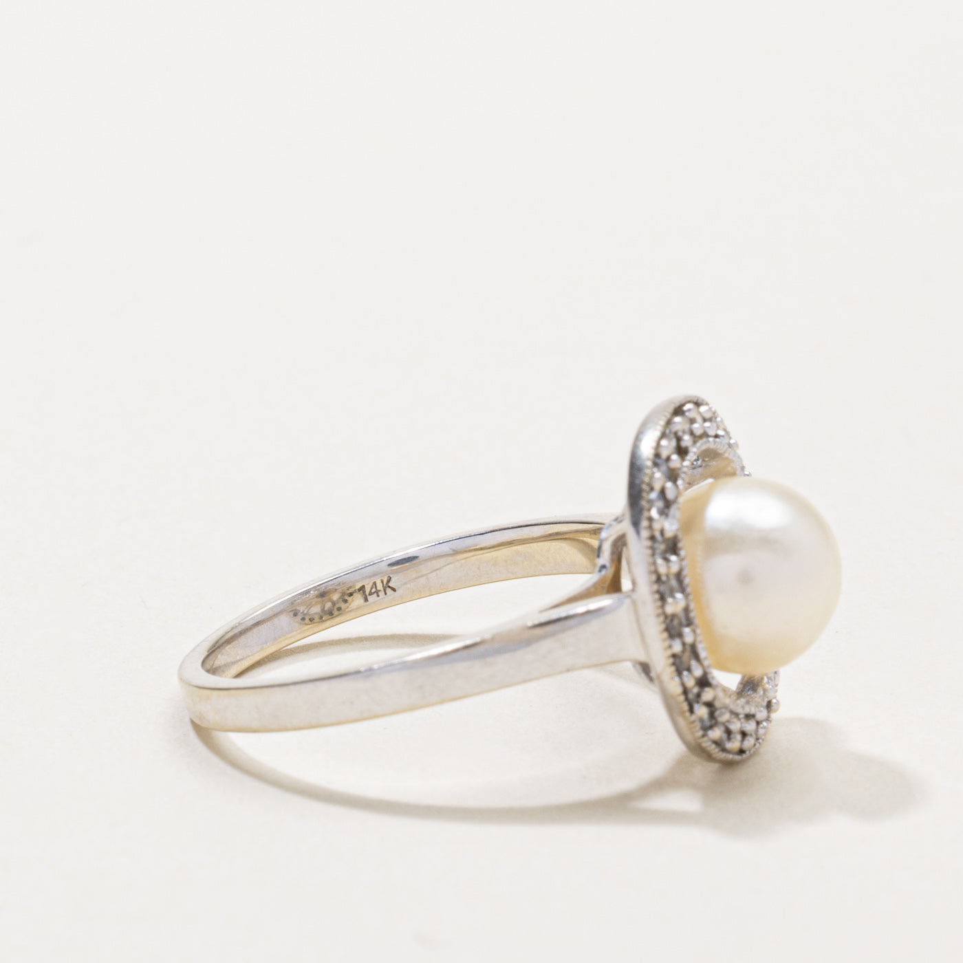 14k Pearl & Diamond Open Halo Ring | SZ 7.25