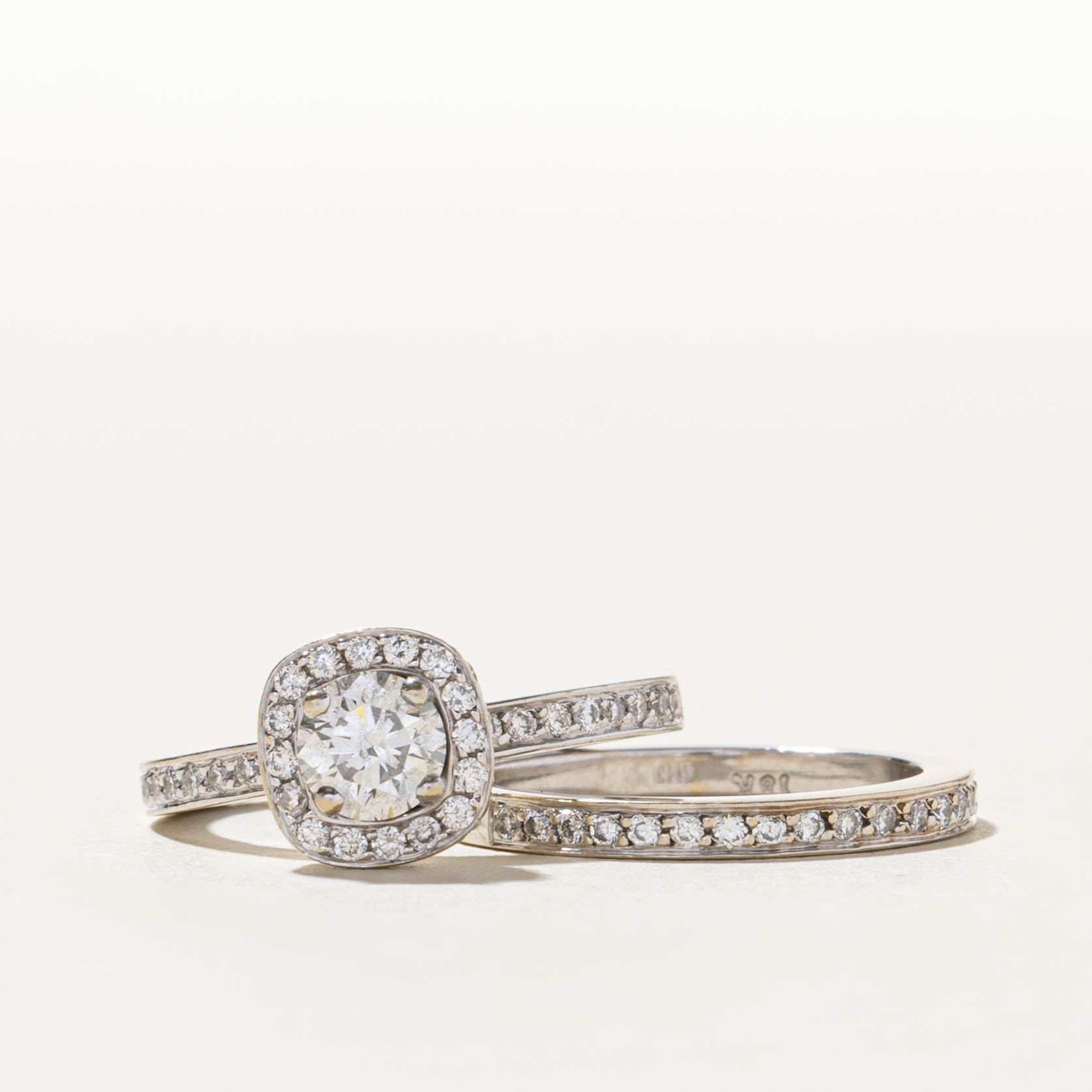 18k Diamond Halo Milgrained Soft-Square Wedding Ring Set | 1.04ctw | SZ 5.25