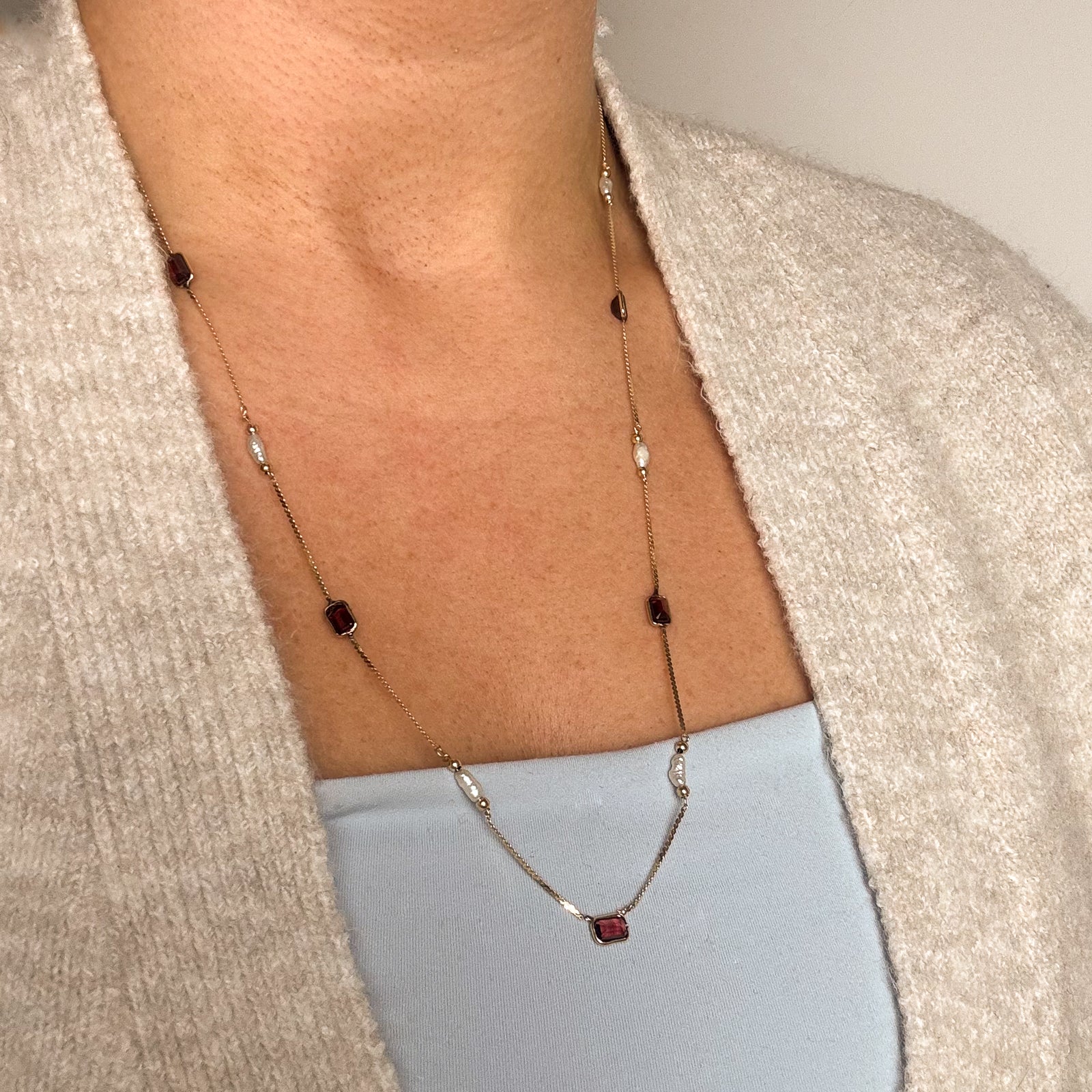 Garnet & Rice Pearl Necklace | 5.00ctw | 24" |