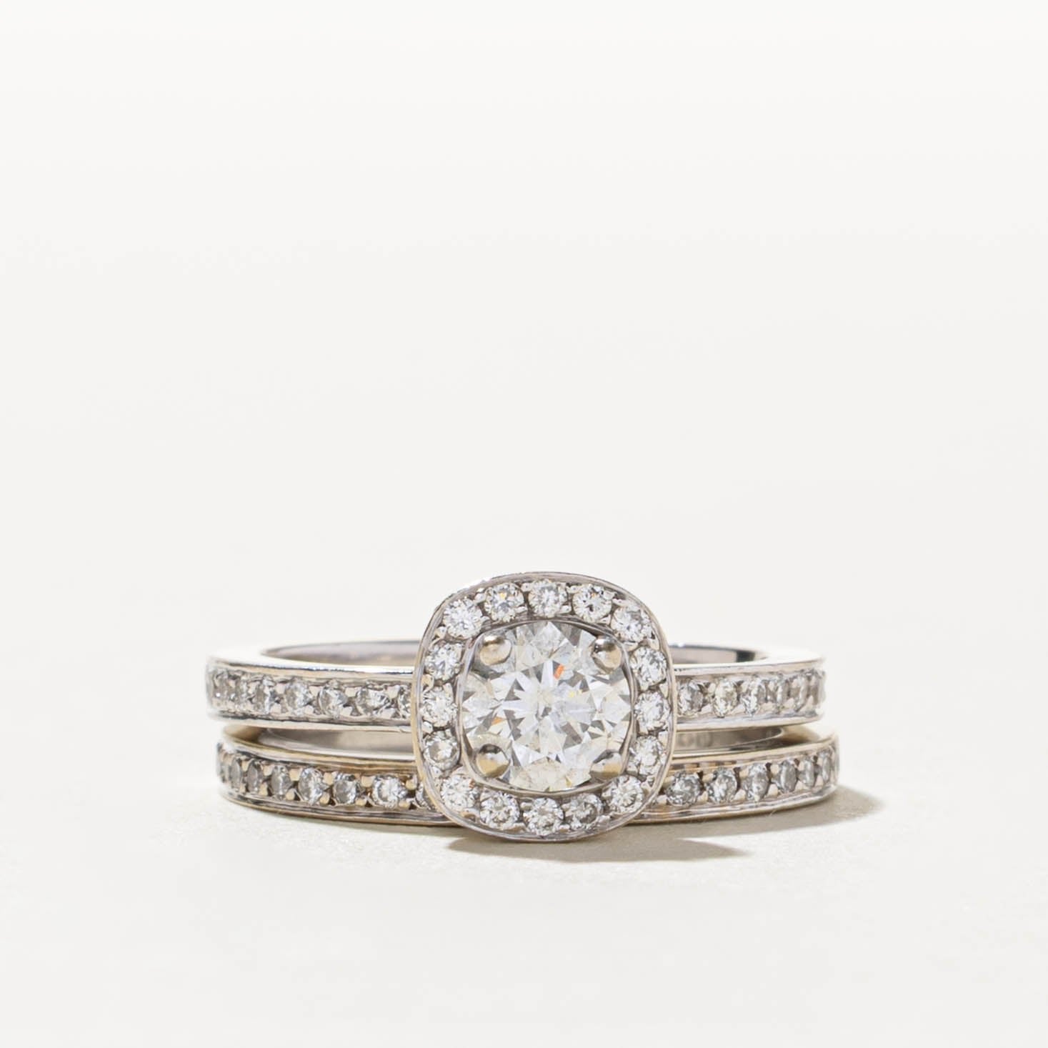 18k Diamond Halo Milgrained Soft-Square Wedding Ring Set | 1.04ctw | SZ 5.25