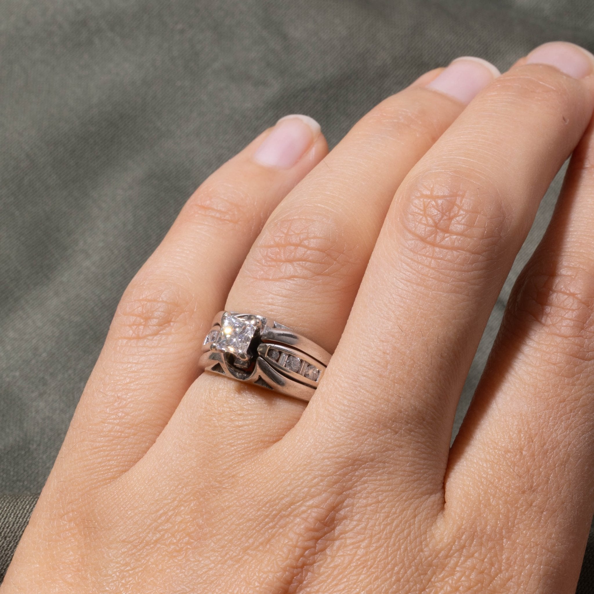 14k Princess Cut Diamond Grooved Chunky Ring | 0.68ct VVS2 F, 0.30ctw | SZ 5