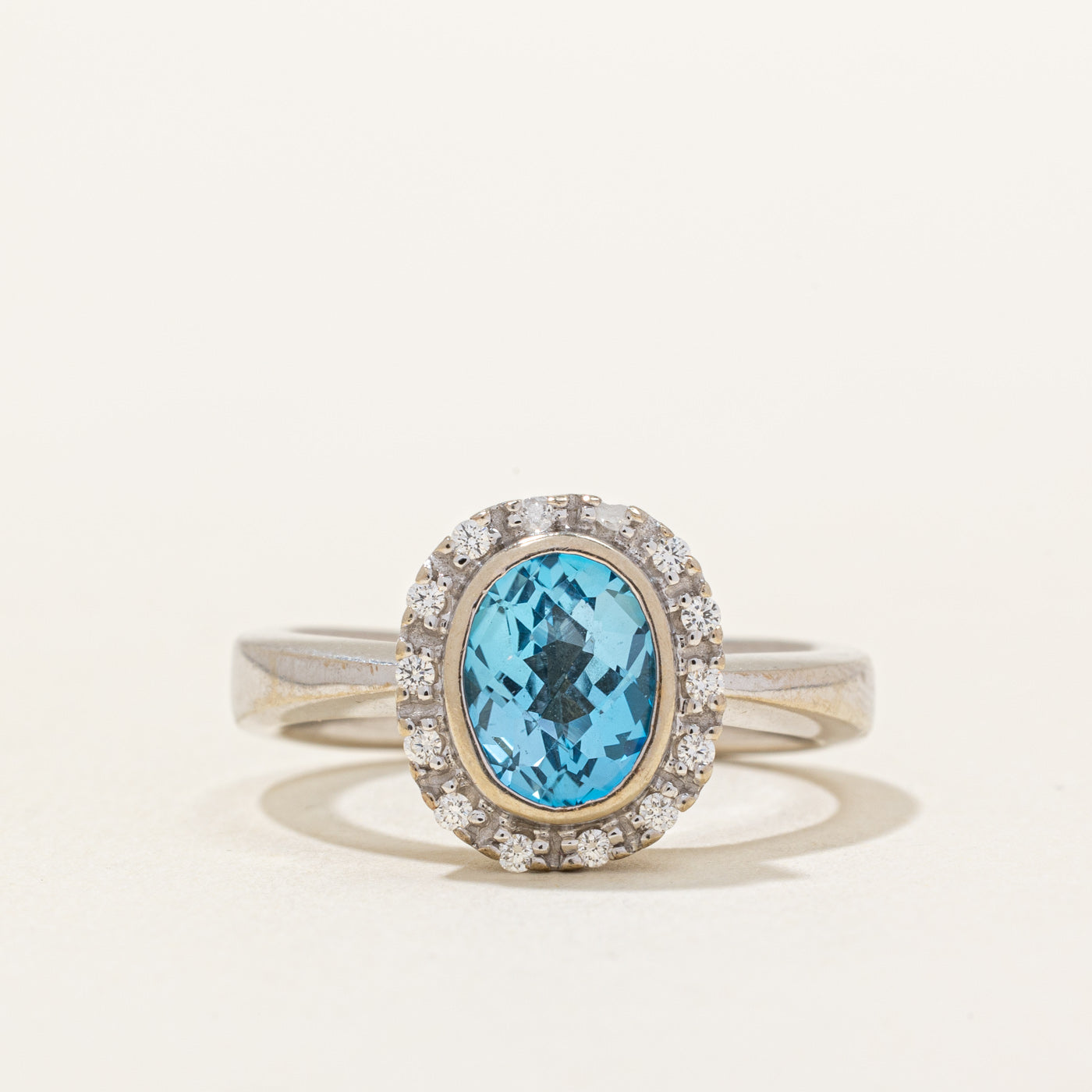 Blue Topaz & Diamond Halo Ring | 1.50ct, 0.14ctw | SZ 7 |