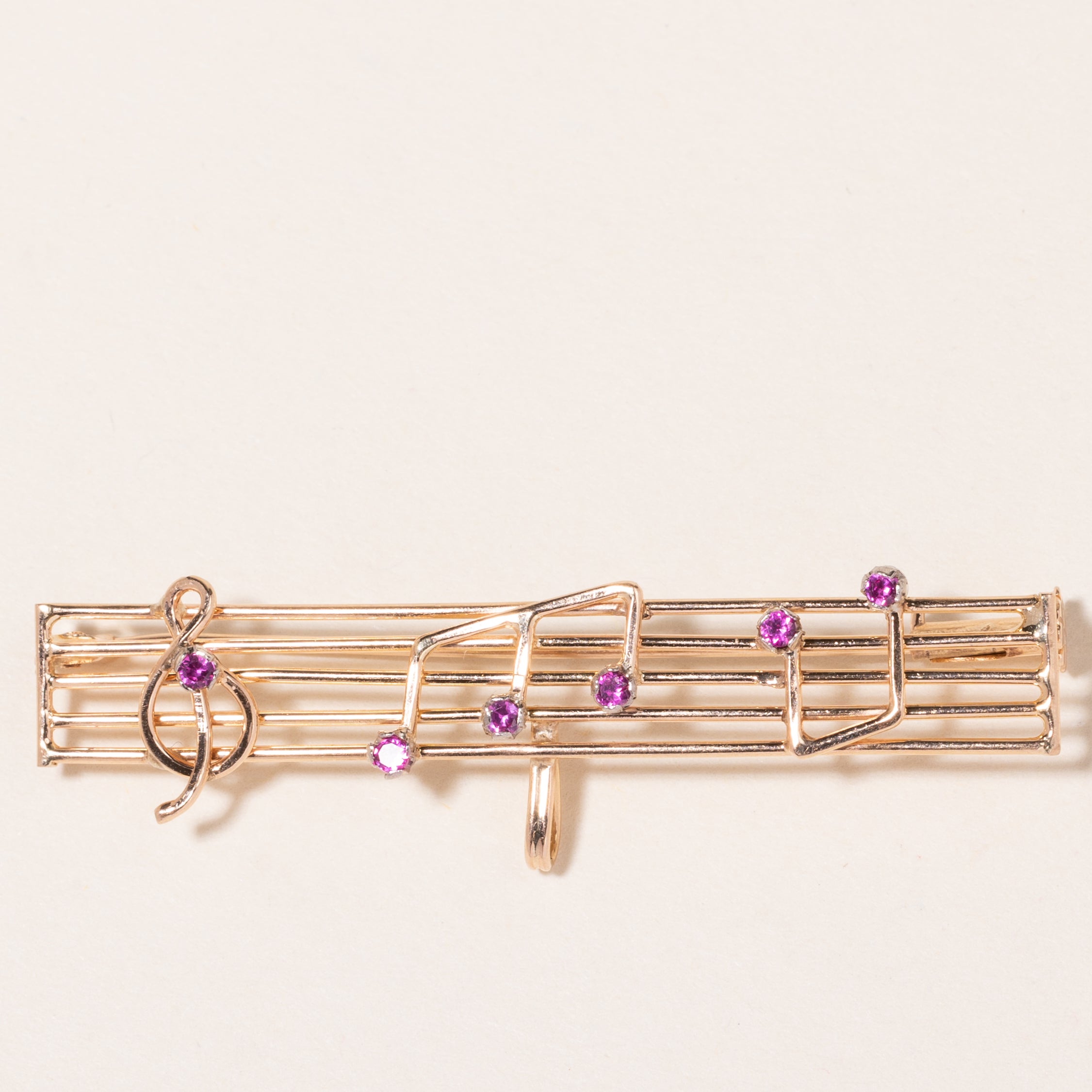 18K Yellow Gold Pink Topaz Music Notes Brooch | 0.14ctw |