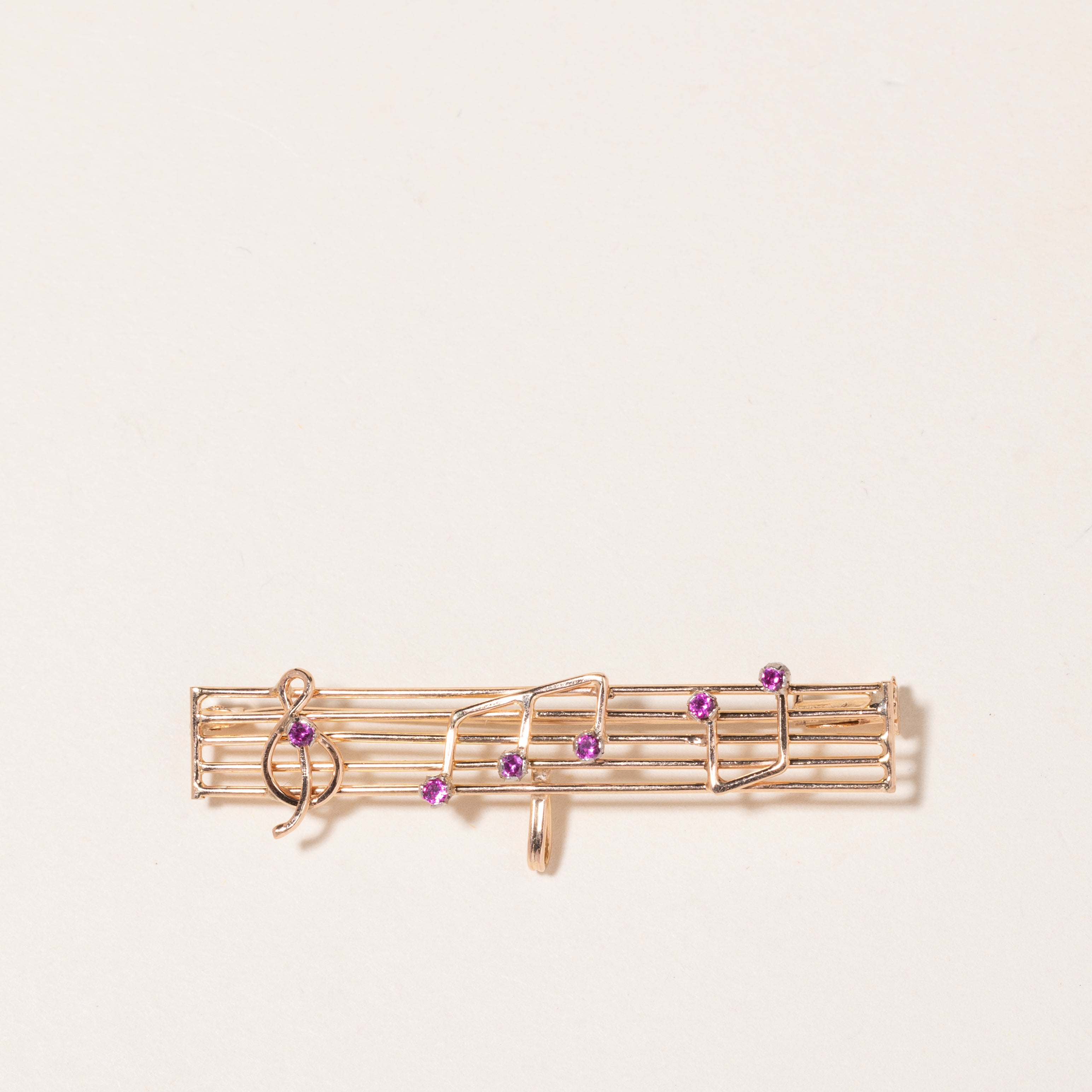 18K Yellow Gold Pink Topaz Music Notes Brooch | 0.14ctw |