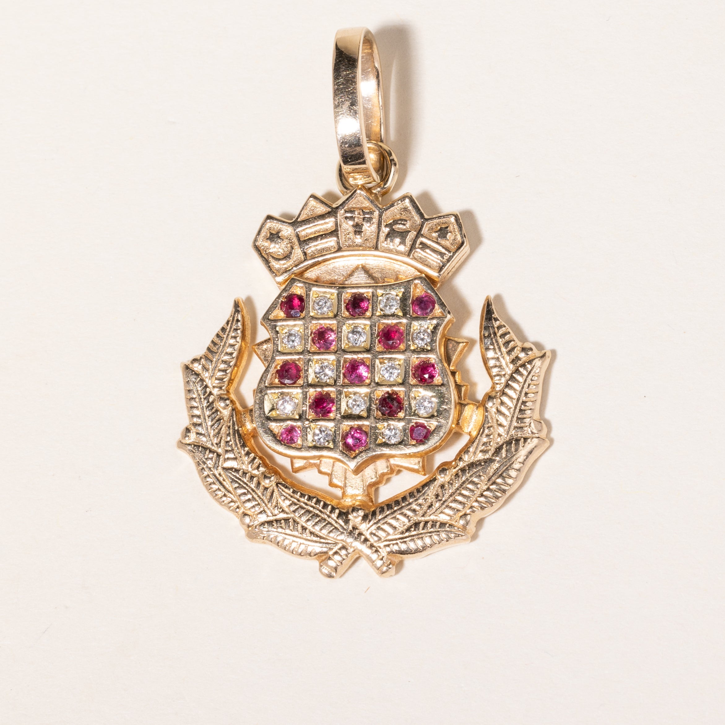 14K Yellow Gold Ruby & Diamond Crest Pendant | 0.48ctw, 0.18ctw |