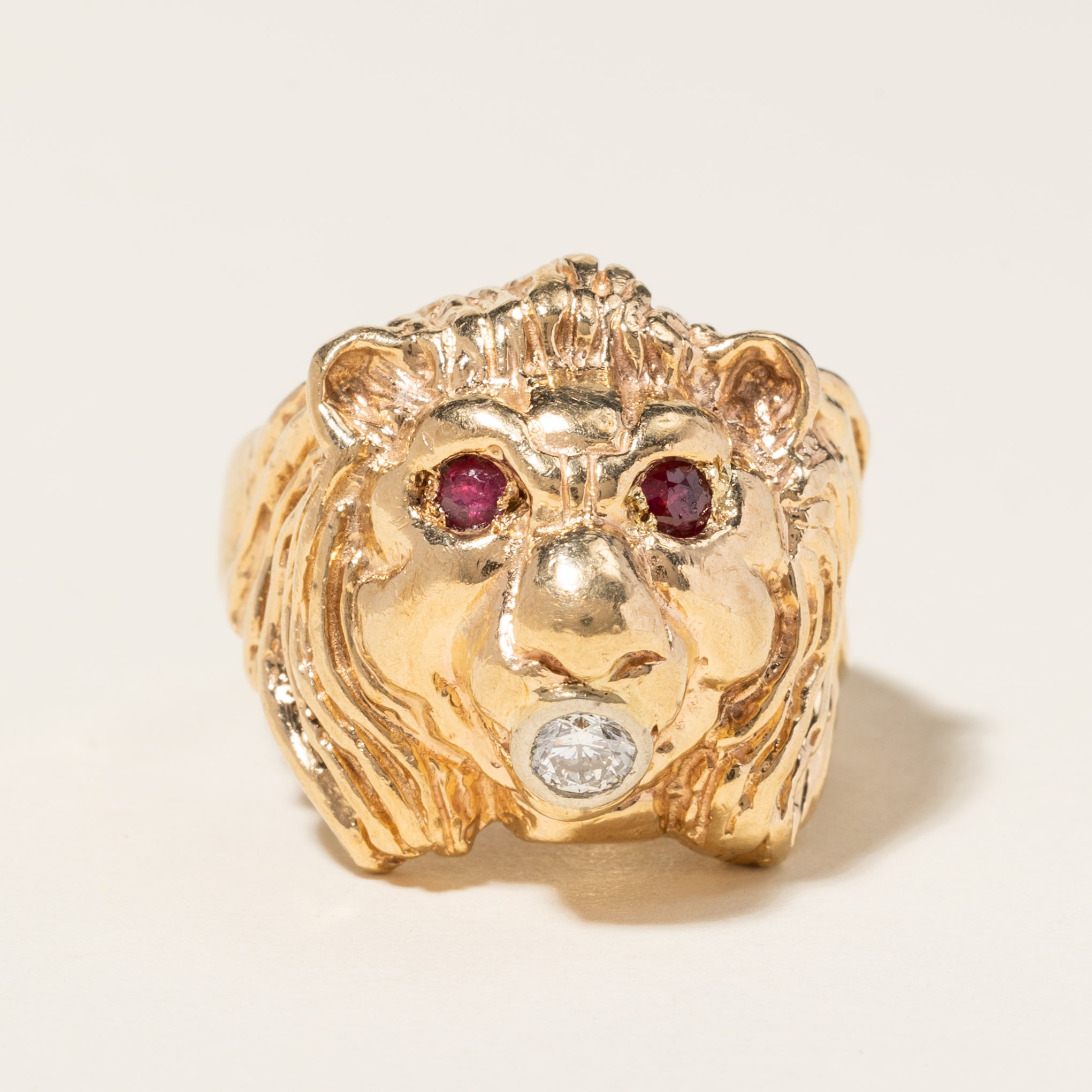 10K Yellow Gold Ruby & Diamond Lion Head Ring | 0.16ctw, 0.30ctw | SZ 9.75 |