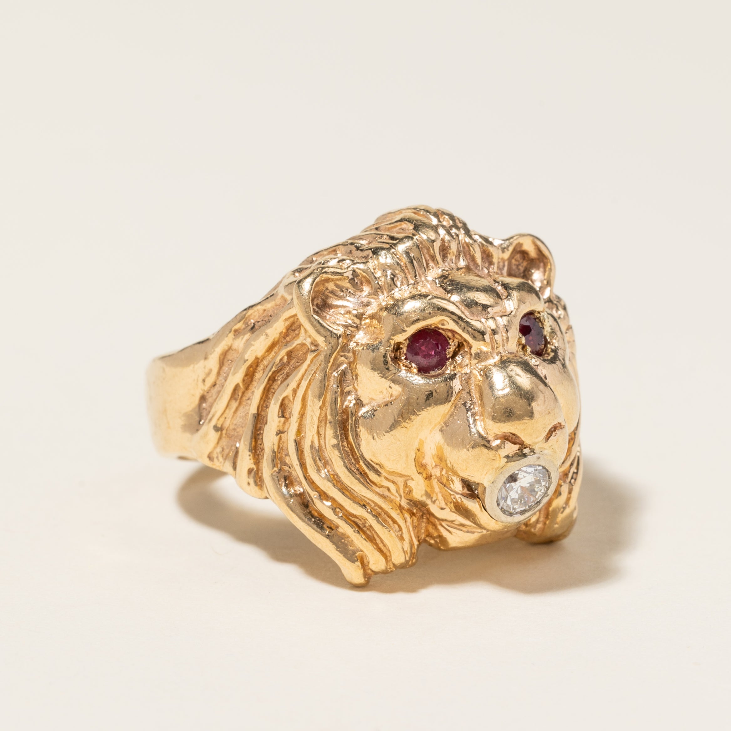 10K Yellow Gold Ruby & Diamond Lion Head Ring | 0.16ctw, 0.30ctw | SZ 9.75 |