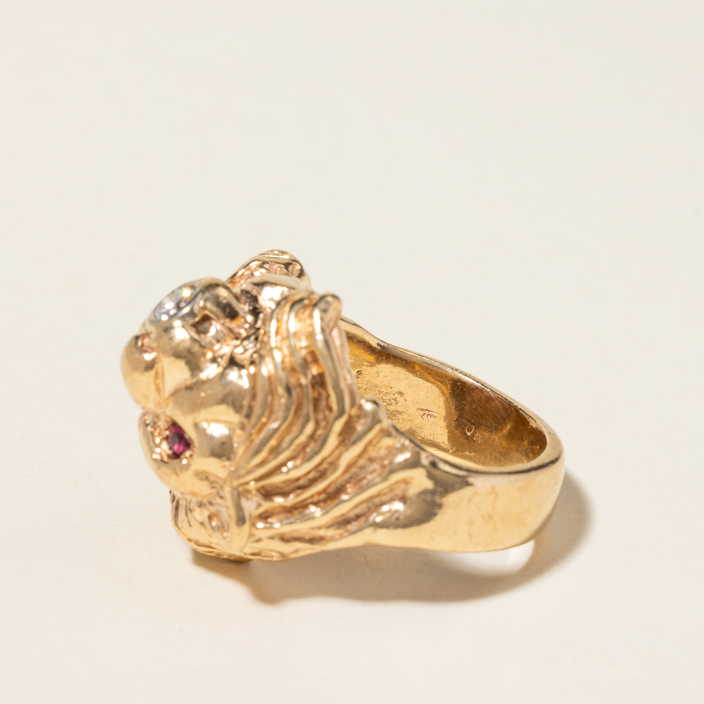 10K Yellow Gold Ruby & Diamond Lion Head Ring | 0.16ctw, 0.30ctw | SZ 9.75 |