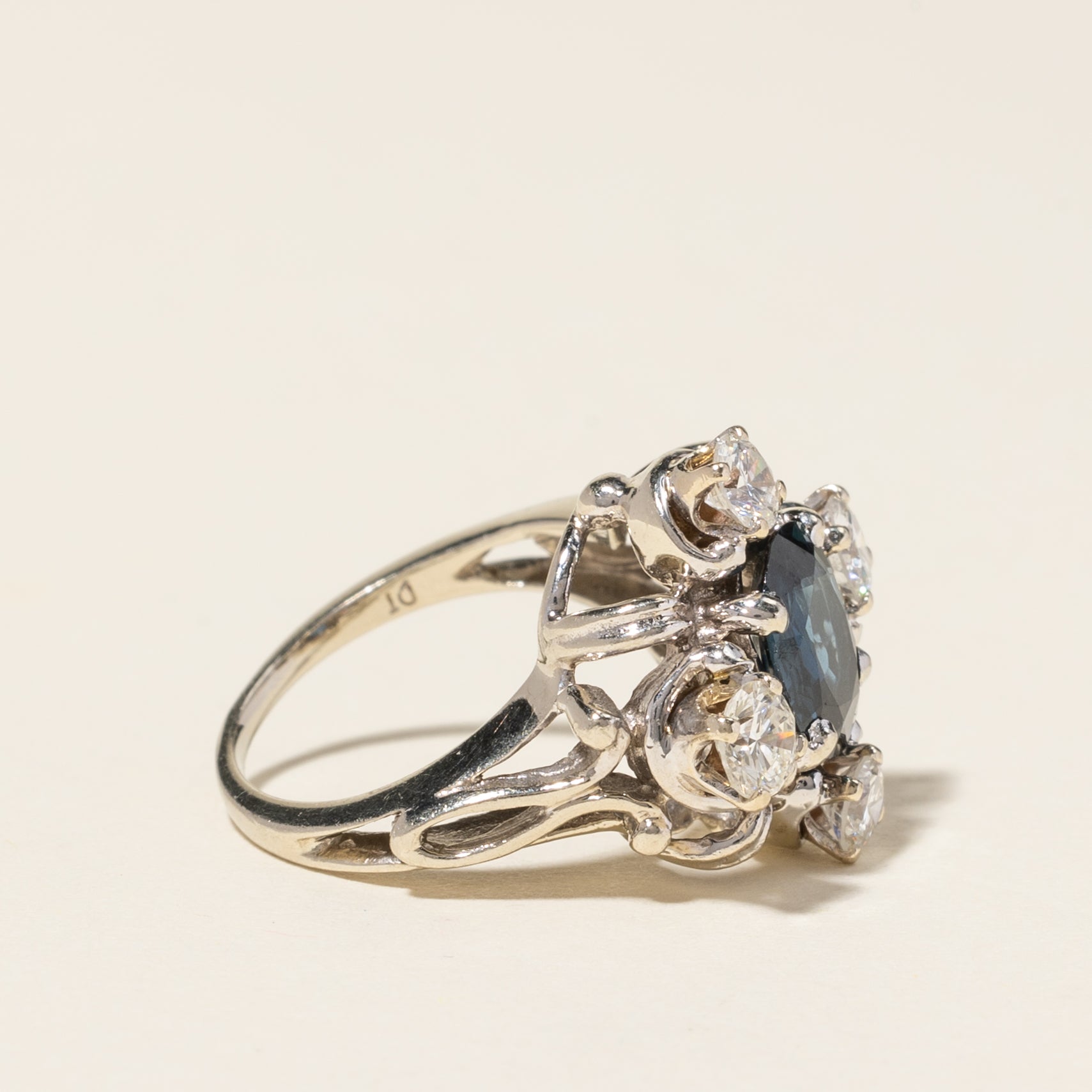 14K White Gold Blue Sapphire & Diamond Ring | 1.18ct, 0.62ctw | SZ 2.75