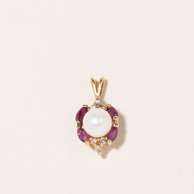 10K Yellow Gold Pearl, Red Spinel & Diamond Pendant | 6.57mm, 0.28ctw, 0.09ctw |